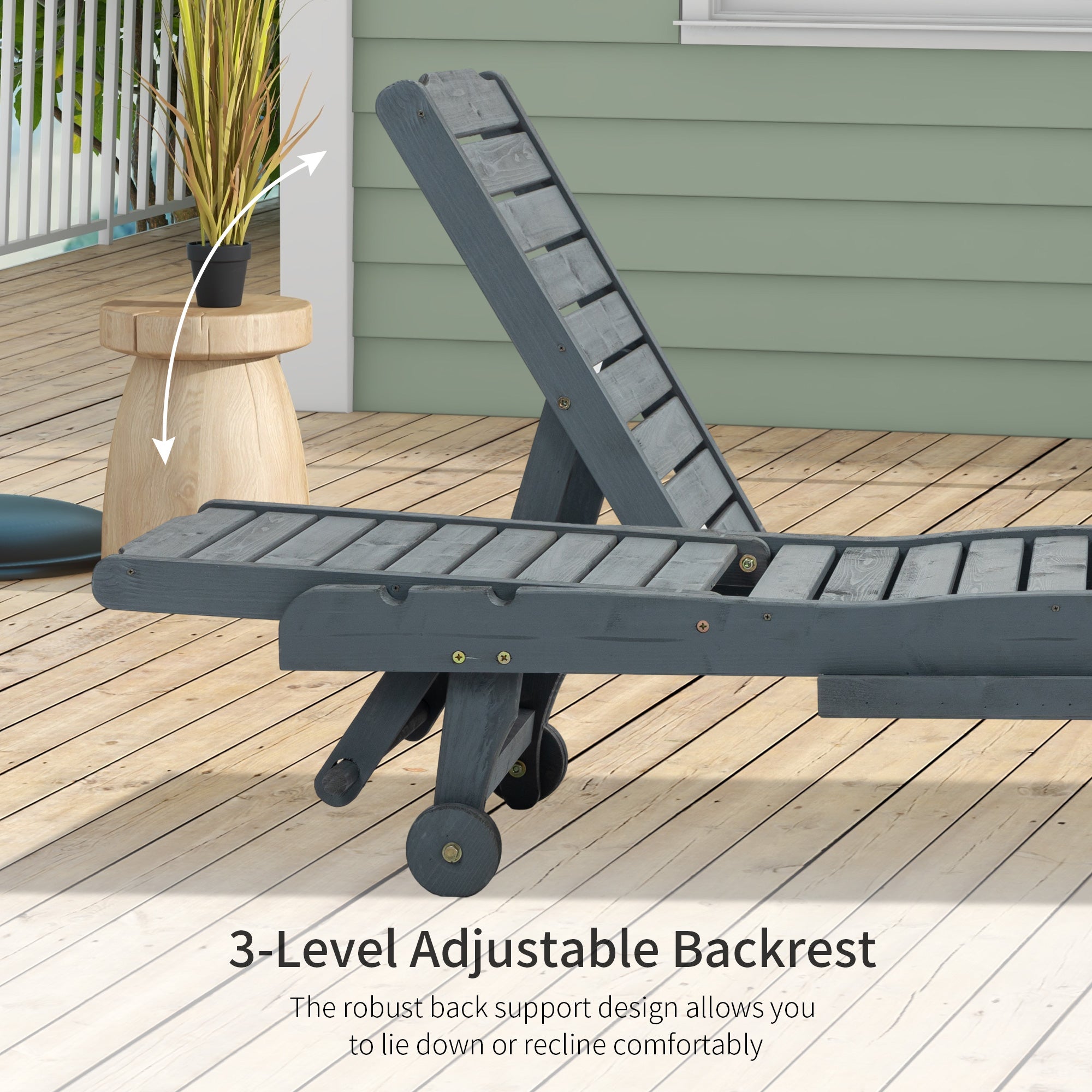 Adjustable Lounge Chair, Outdoor Patio Chaise Recliner with Pull-out Tray and 2 Wheels