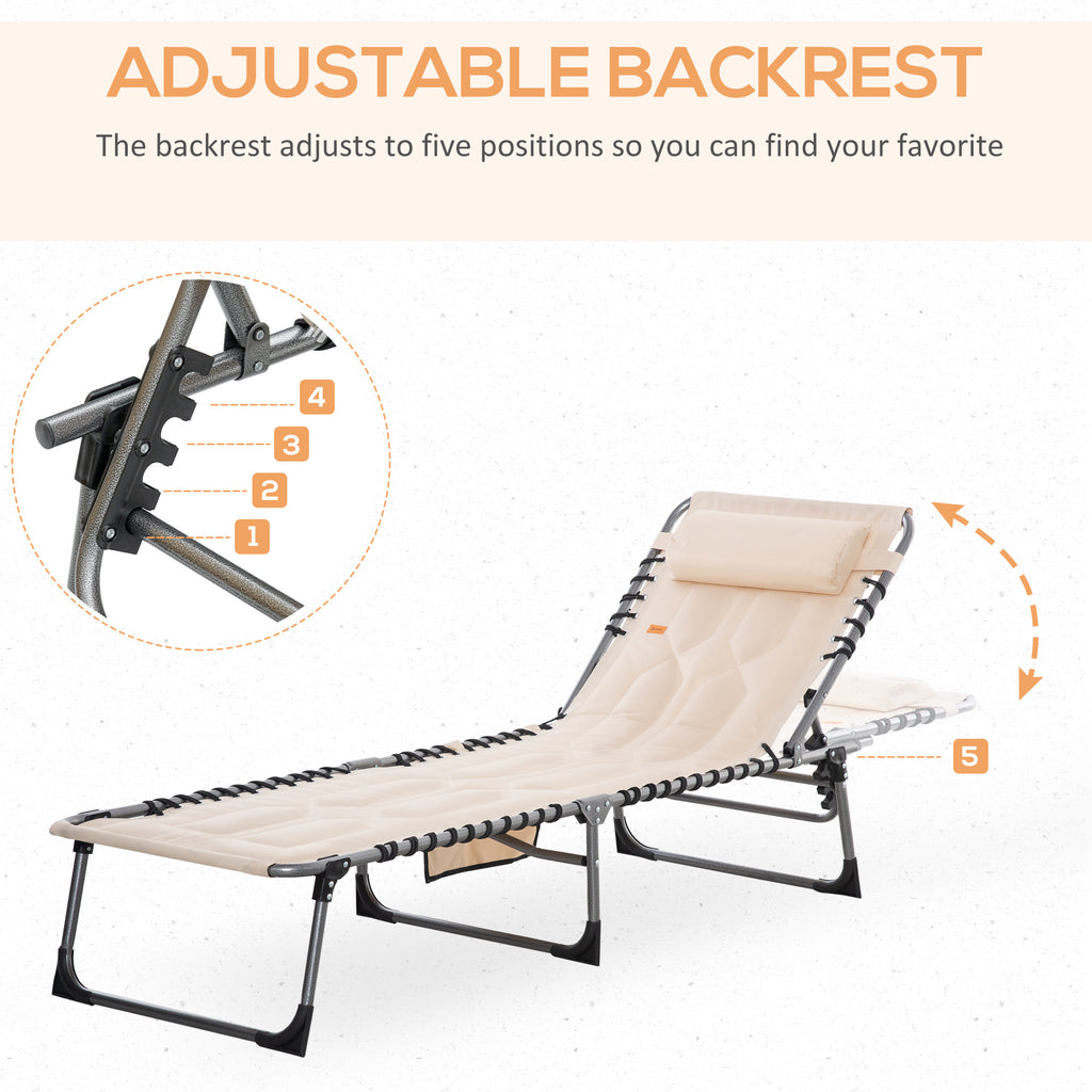 Outdoor Lounge Chair, Folding Chaise Lounge, Patio Padded Tanning Chair with 5-position Adjustable Backrest, Pillow and Pocket for Deck, Beach, Lawn and Sunbathing, Beige