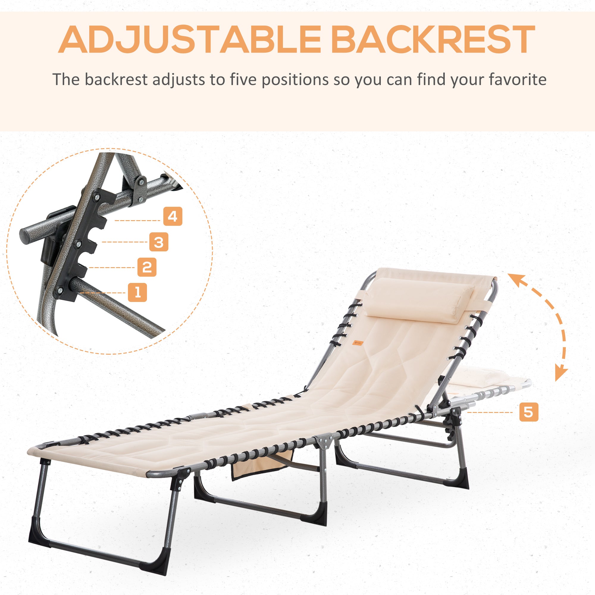 Outdoor Lounge Chair, Folding Chaise Lounge, Patio Padded Tanning Chair with 5-position Adjustable Backrest, Pillow and Pocket for Deck, Beach, Lawn and Sunbathing, Beige