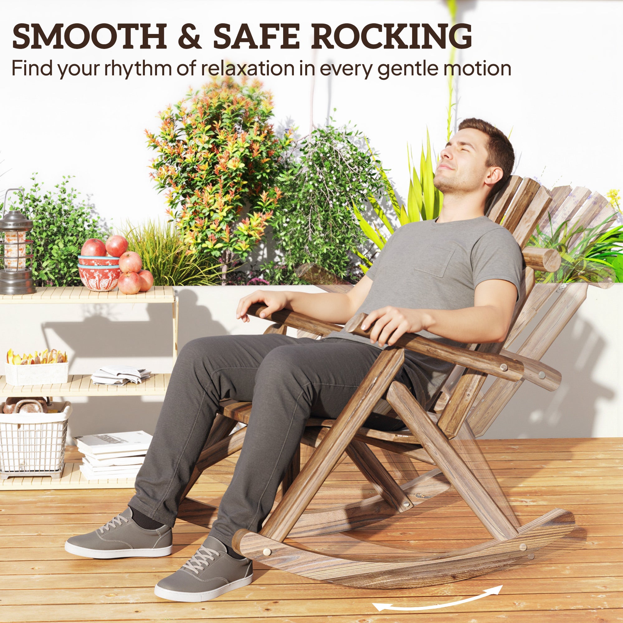 Wooden Outdoor Rocking Chair, Oversized Adirondack Patio Rocker with High Back and Slatted Seat, Carbonized
