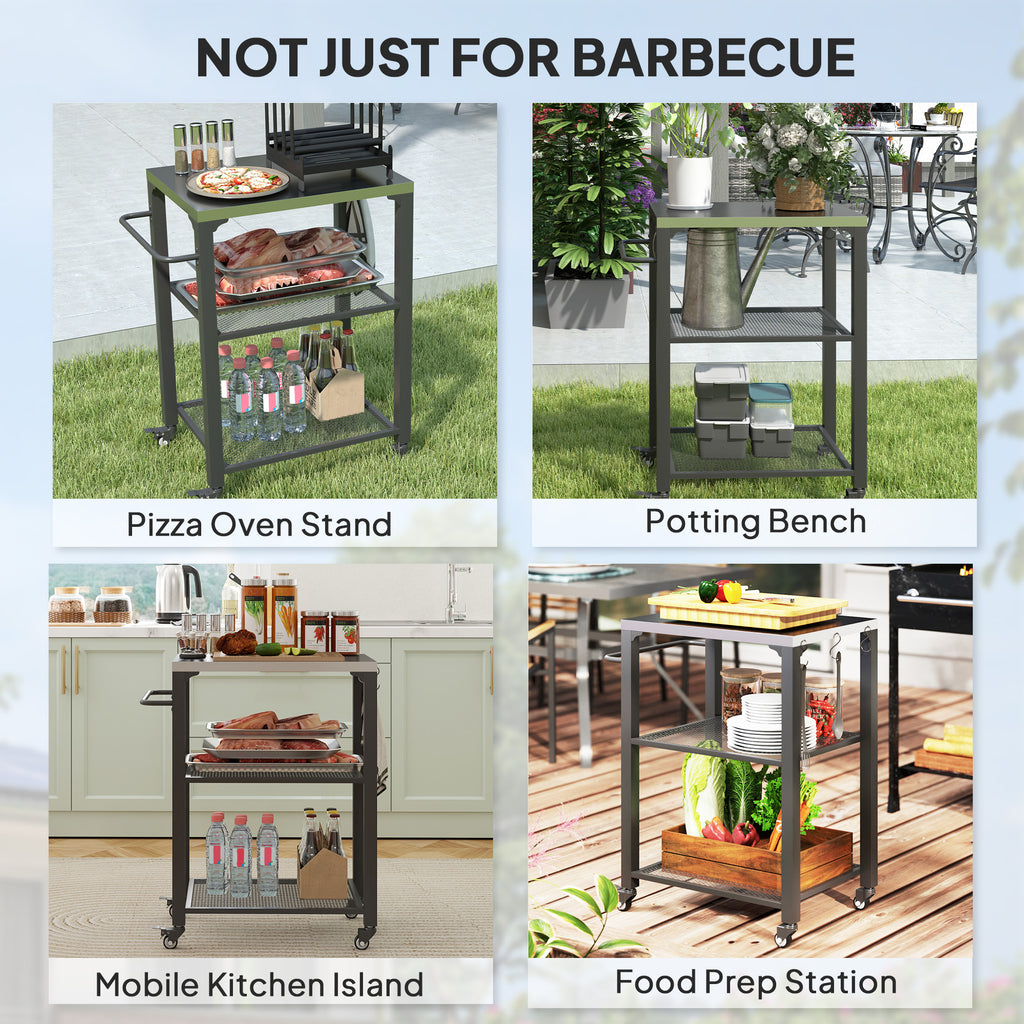 3-Shelf Outdoor Grill Cart Table with Stainless Steel Top, Hooks, Pizza Oven Stand on Wheels