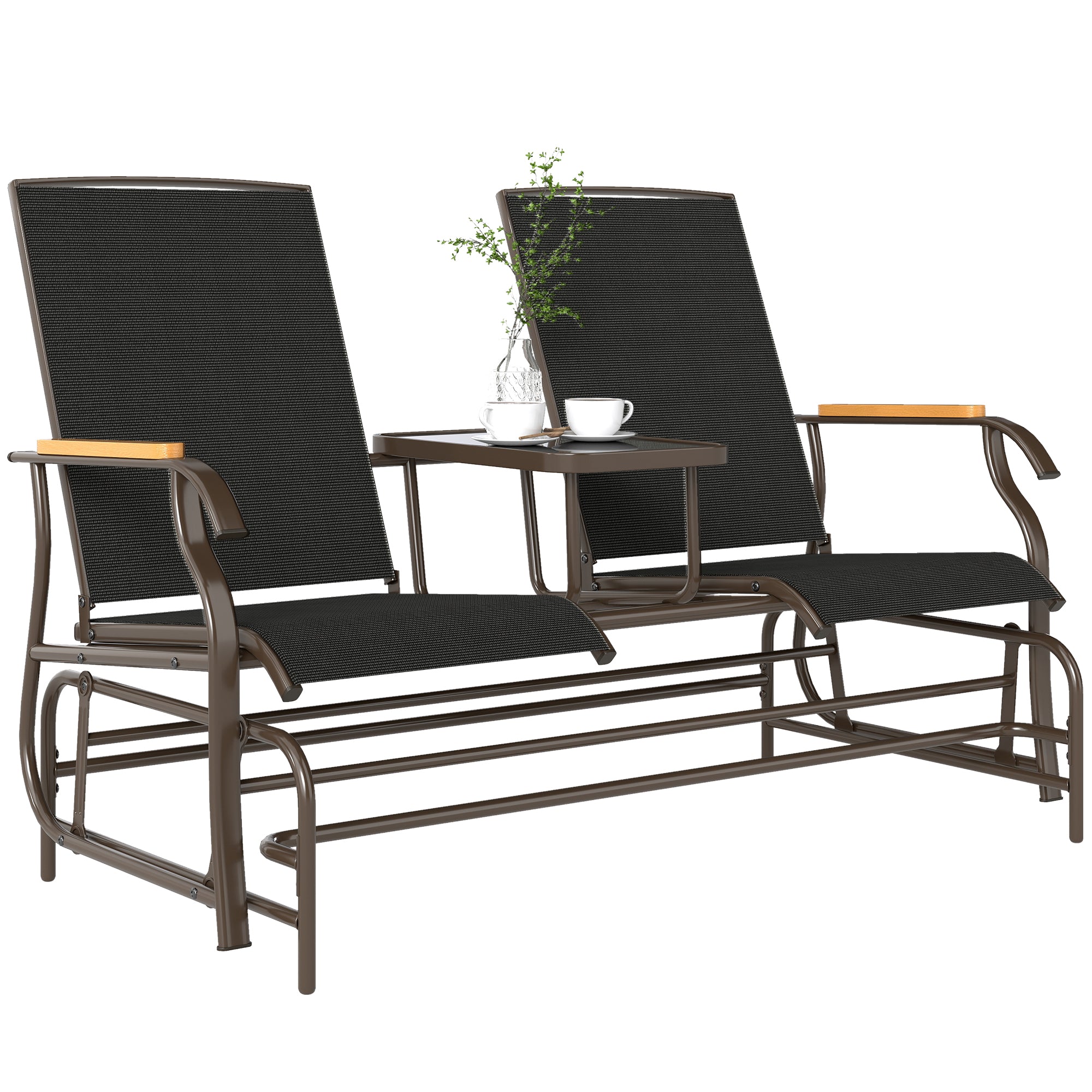 Outdoor 2-Person Glider Bench, Outside Swing Glider Chair Loveseat with Breathable Mesh, Table, Steel Frame