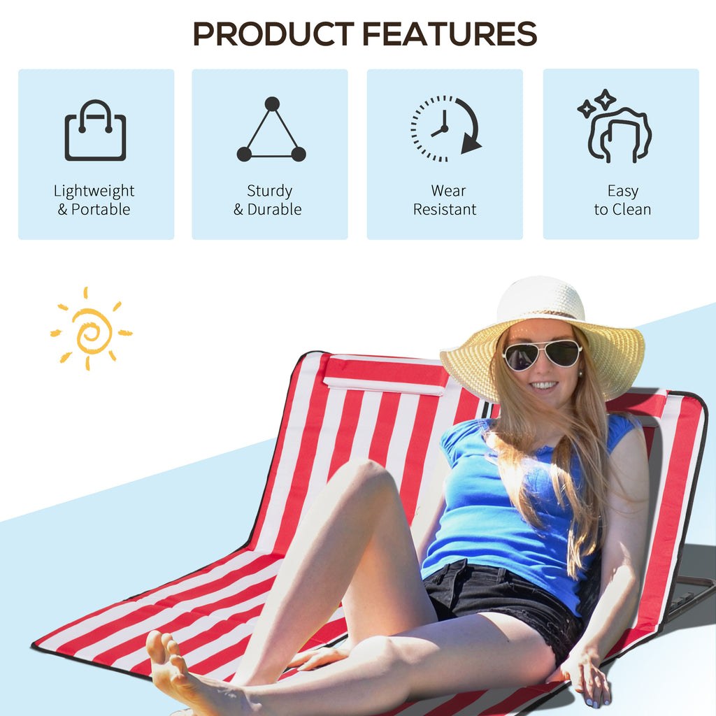 Set of 2 Beach Lounge Chair Sun Lounger, Folding Ground Beach Mat w/ Adjustable Back, Steel Frame, Head Pillow and Carry Bag for Backyard Lakeside, Red and White