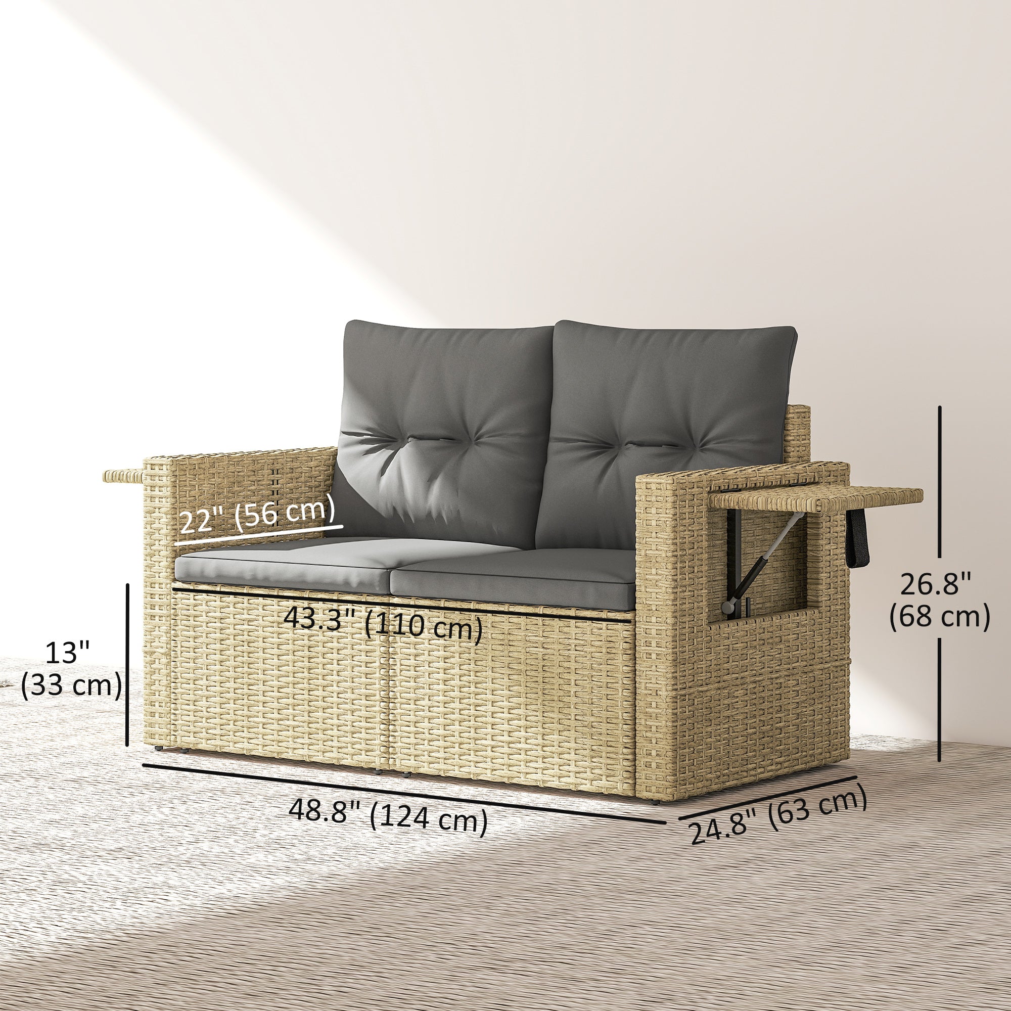 Wicker Outdoor Sofa with Side Trays, Rattan Patio Loveseat with Cushions for Garden Balcony, Light Grey