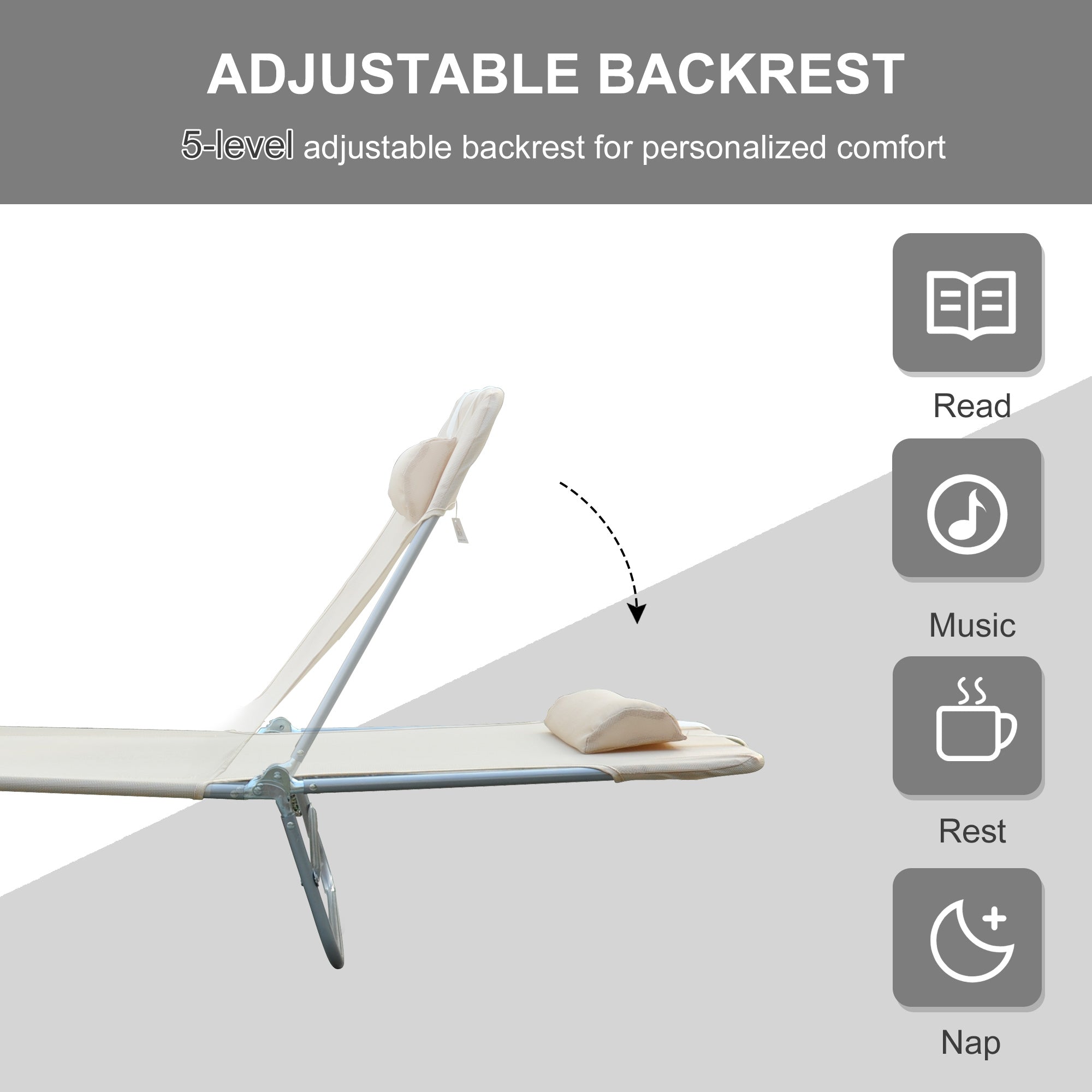 Outdoor Lounge Chair, Portable Adjustable Reclining Seat Folding Chaise Lounge Patio Camping Beach Tanning Chair Bed with Pillow, Beige