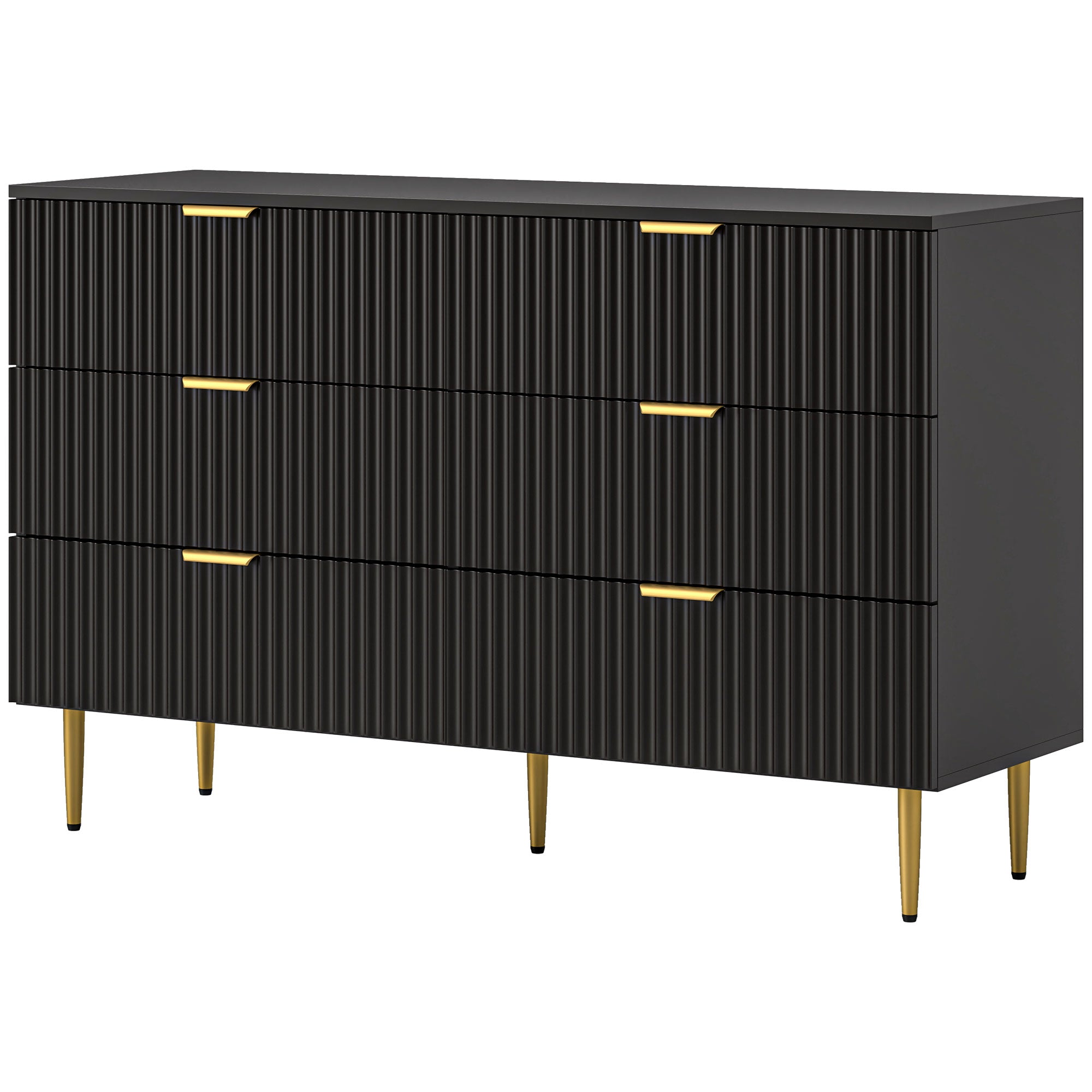 Modern Chest of Drawers 6 Drawer Dresser for Bedroom with Gold Legs and Handles, Black