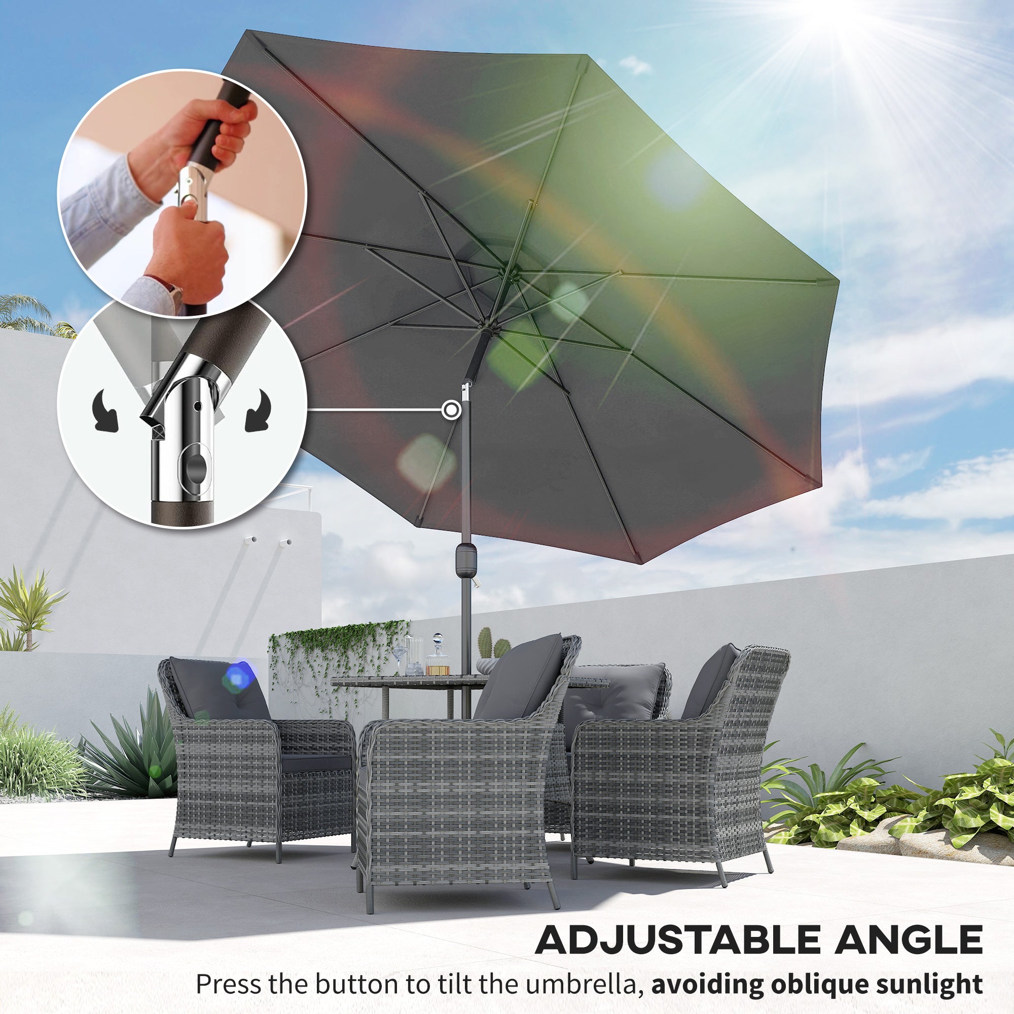 10' x 8' Round Market Umbrella, Patio Umbrella with Crank Handle and Tilt, Outdoor Parasol for Garden, Bench, Lawn, Grey