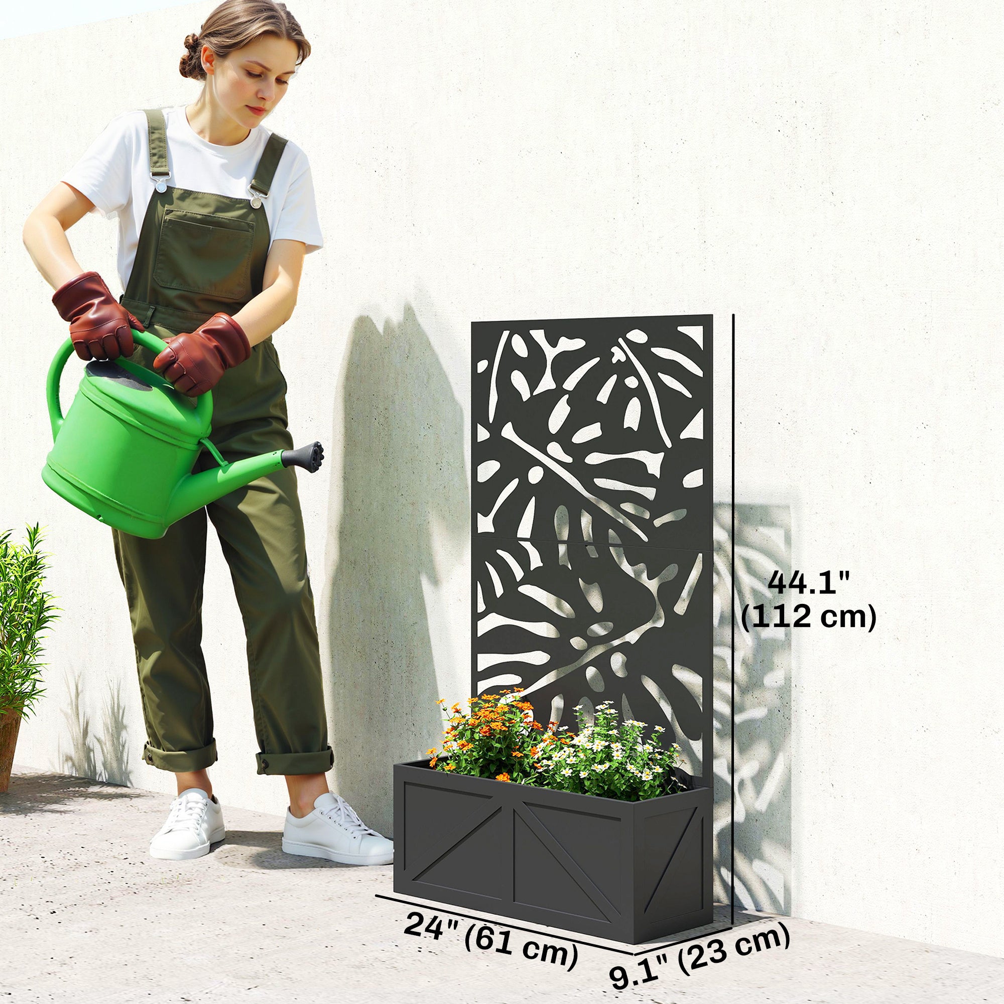 Metal Raised Garden Bed with Trellis for Climbing Plants, Freestanding or Wall Mounted Flower Bed with Privacy Panel