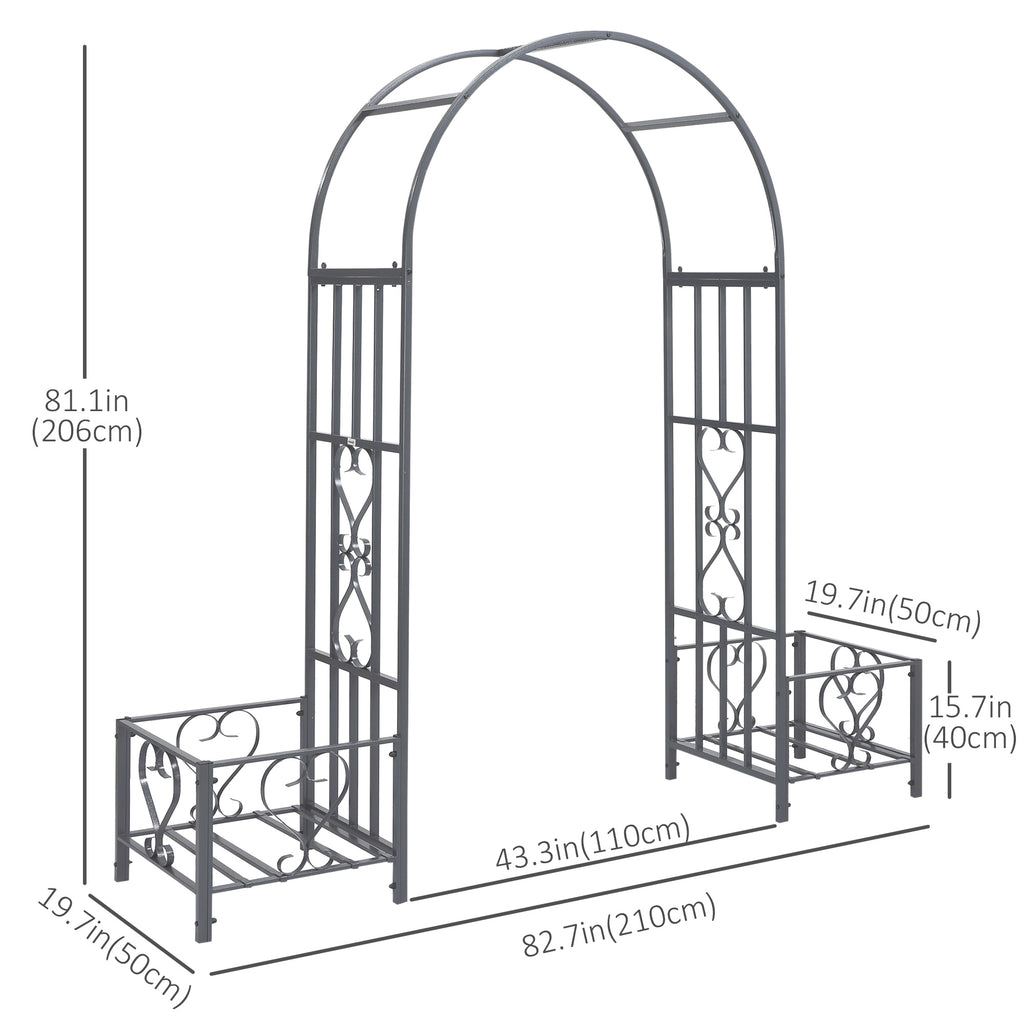 7FT Metal Garden Arch with 2 Planter Boxes, Decorative Outdoor Walkway Arbor for Climbing Vine Plants for Patio Backyard Lawn Party Ceremony, Dark Grey