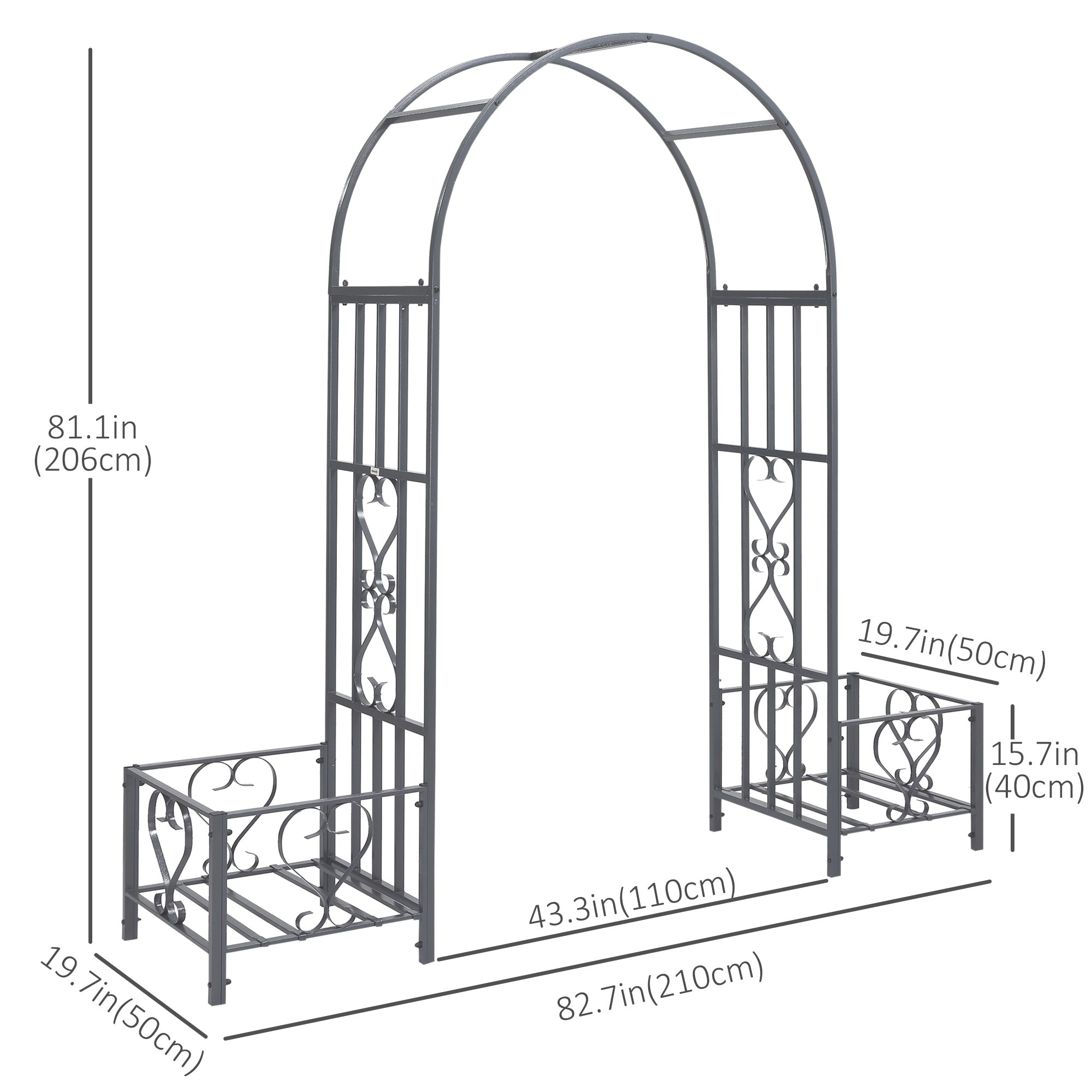 7FT Metal Garden Arch with 2 Planter Boxes, Decorative Outdoor Walkway Arbor for Climbing Vine Plants for Patio Backyard Lawn Party Ceremony, Dark Grey