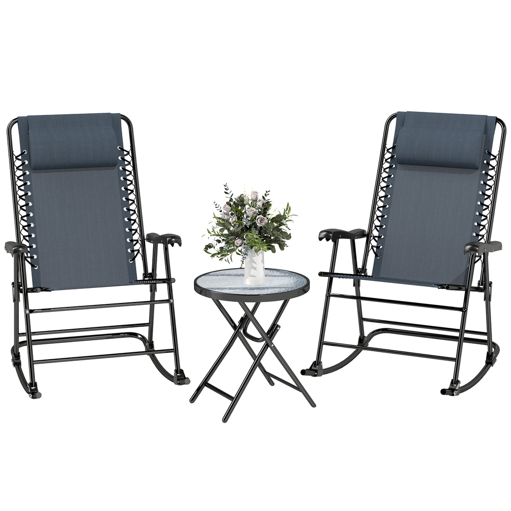 3pc Patio Rocking Chair Set, Folding Outdoor Rocking Chairs and Table Bistro Set w/ Breathable Mesh Seat & Backrest, Headrest for Park, Backyard, Garden, Grey