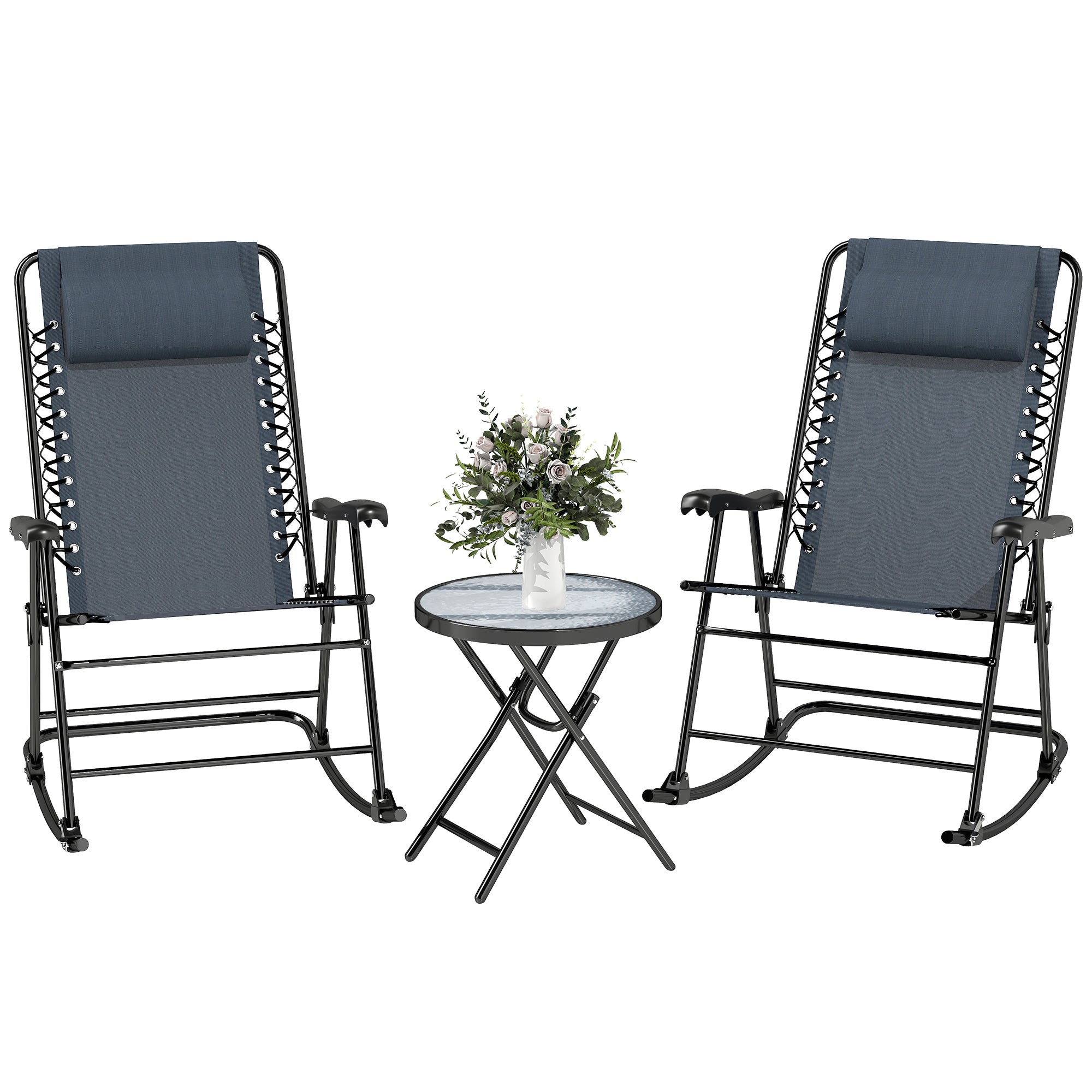 3pc Patio Rocking Chair Set, Folding Outdoor Rocking Chairs and Table Bistro Set w/ Breathable Mesh Seat & Backrest, Headrest for Park, Backyard, Garden, Grey
