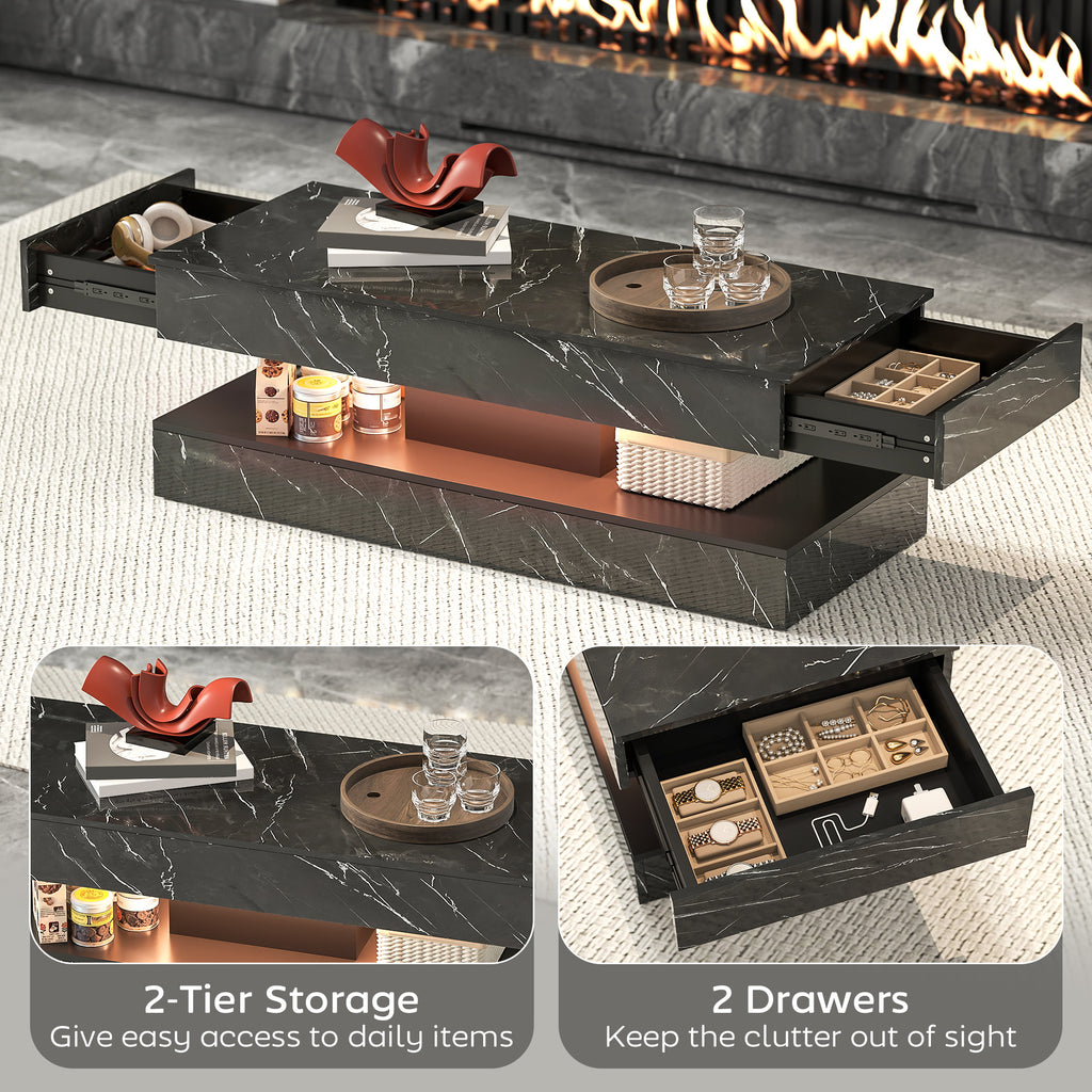 Coffee Table with Adjustable LED Lights, Center Table with 2 Drawers, Open Shelf, Remote, High Gloss Marble-Effect Black