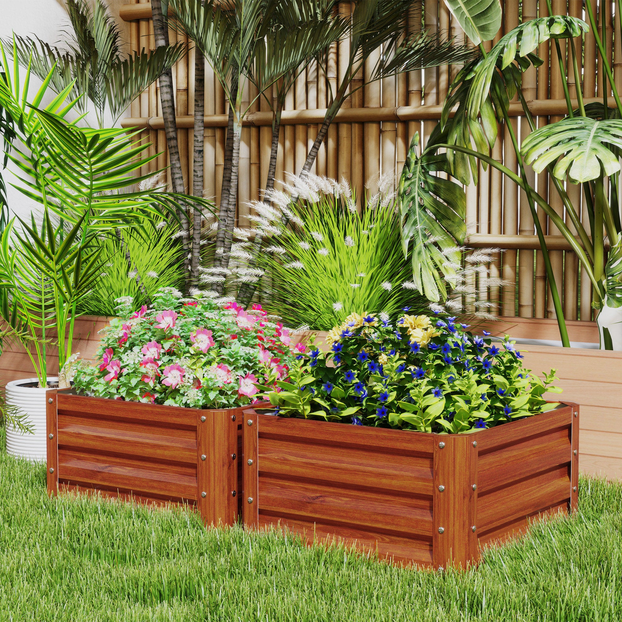 Galvanized Raised Garden Beds, Outdoor Planter Box, Set of 2, for Flowers, Herbs and Vegetables, Dark Brown Wood Effect