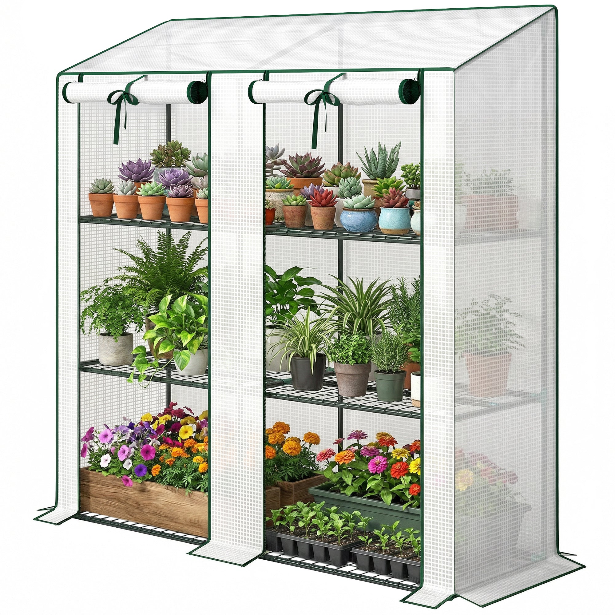 Portable Mini Greenhouse Green House with 3 Tier Shelves, Reinforced PE Cover, Roll-up Doors, 56.3"x18.1"x59.4", White