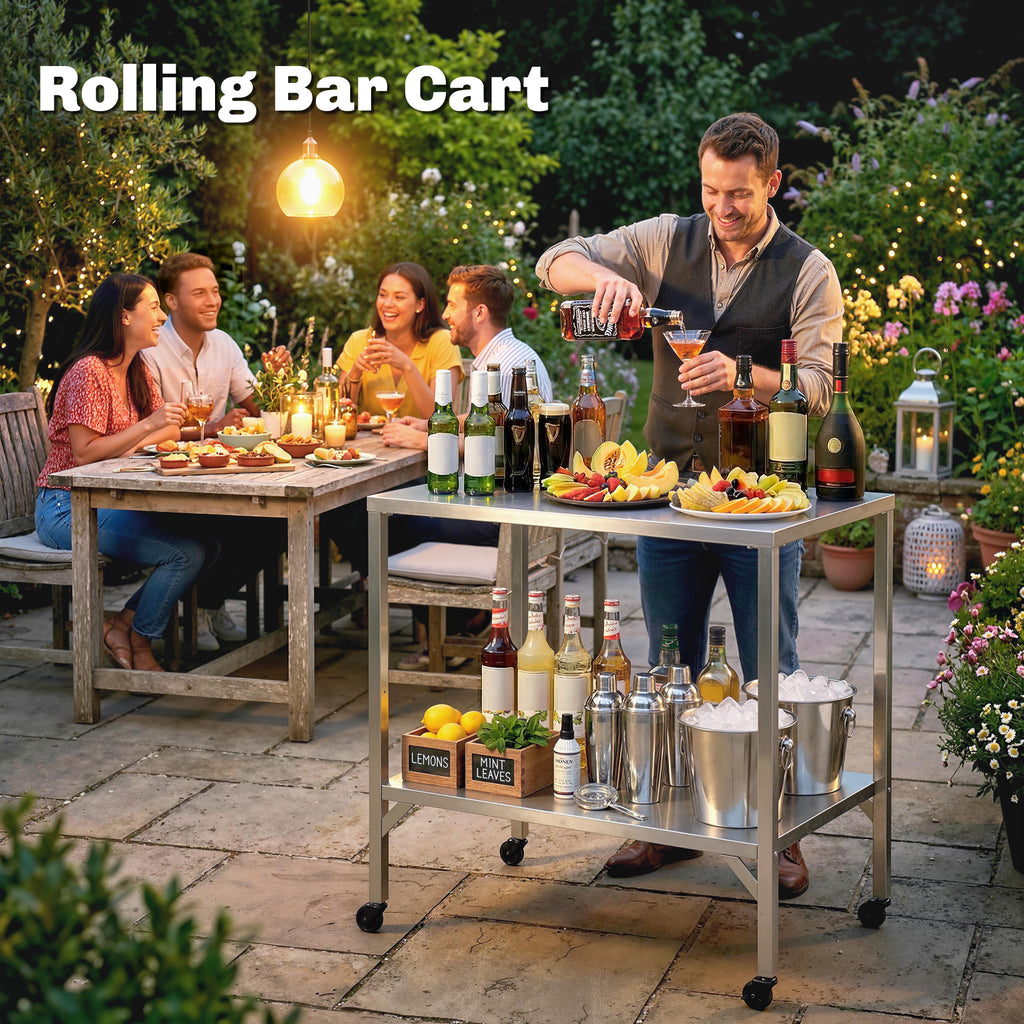 Outdoor Grill Cart with Stainless Steel Tabletop, Pizza Oven Stand with Shelf, Lockable Wheels, Rolling BBQ Table
