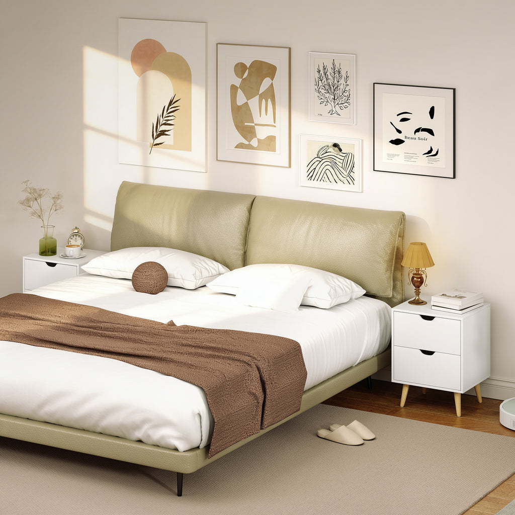 Modern Bedside Table Set of 2, Nightstand with 2 Drawers and Pine Wood Legs for Bedroom, White