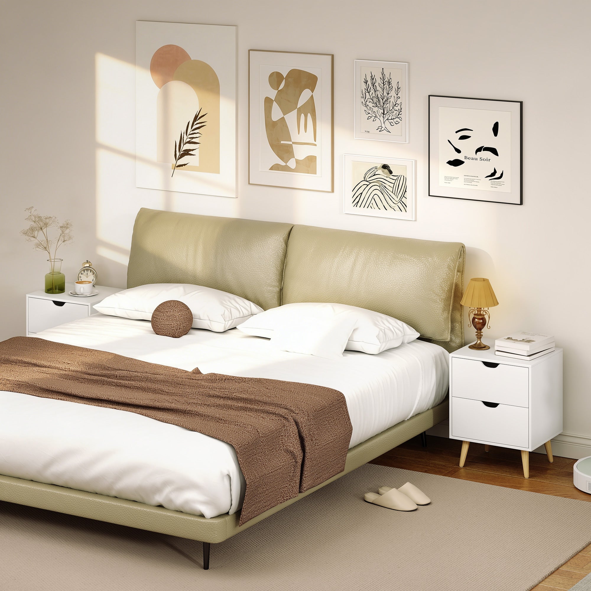 Modern Bedside Table Set of 2, Nightstand with 2 Drawers and Pine Wood Legs for Bedroom, White