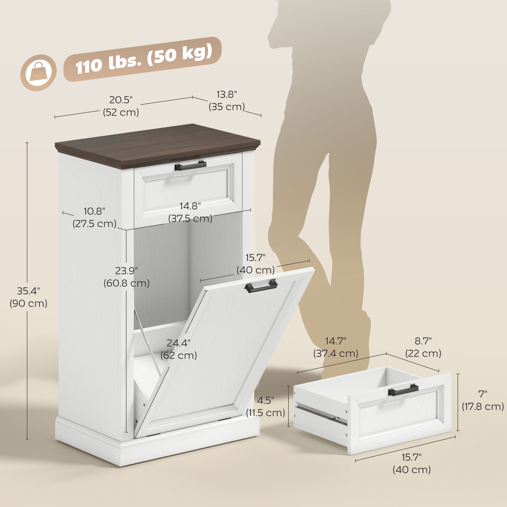 10 Gallon Trash Can Cabinet with Drawer, Farmhouse Tilt Out Garbage Cabinet Laundry Hamper, White Wood Effect