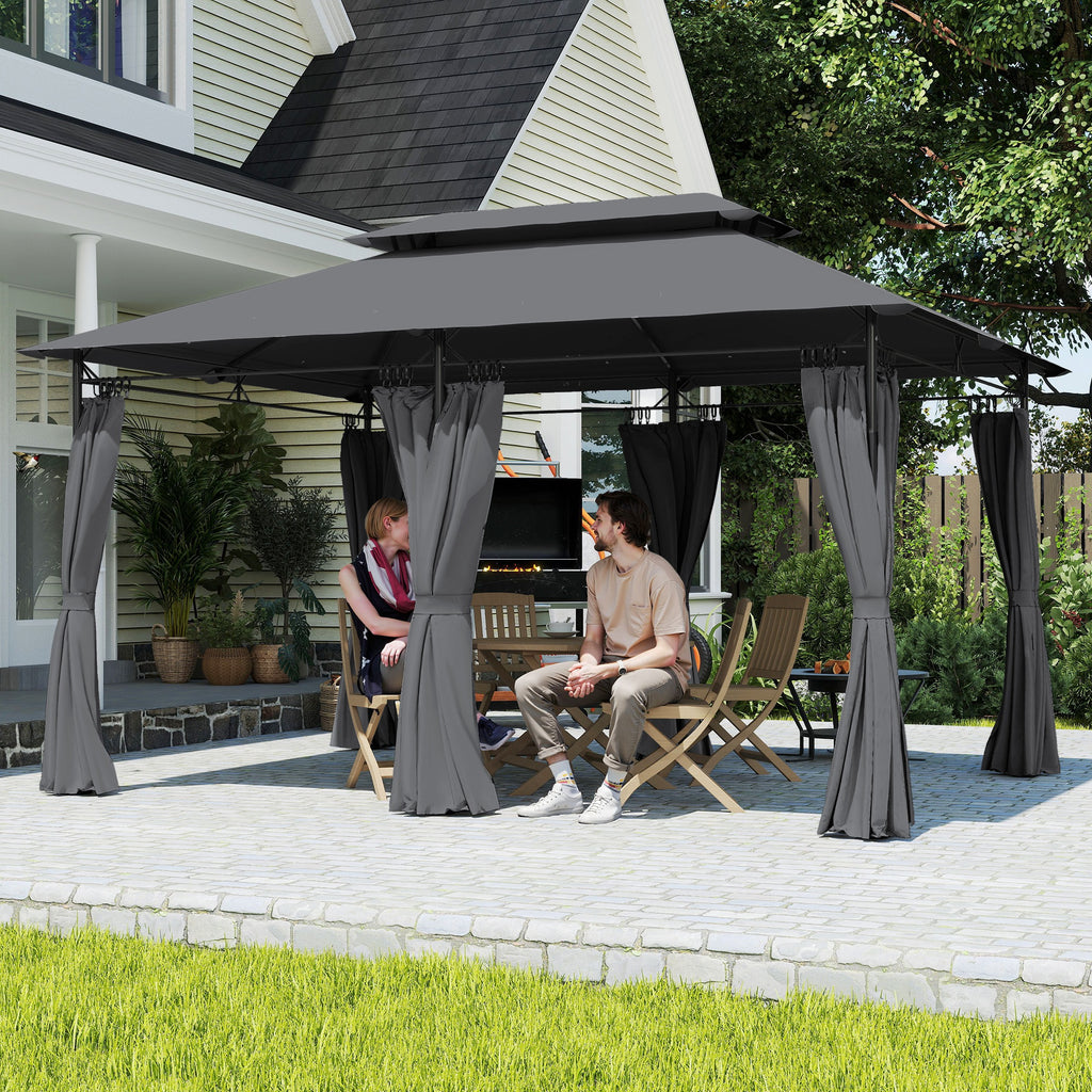 10'Â xÂ 13' Double Roof Patio Gazebo, Outdoor Gazebo with Curtains, for Garden, Lawn, Backyard and Deck, Grey