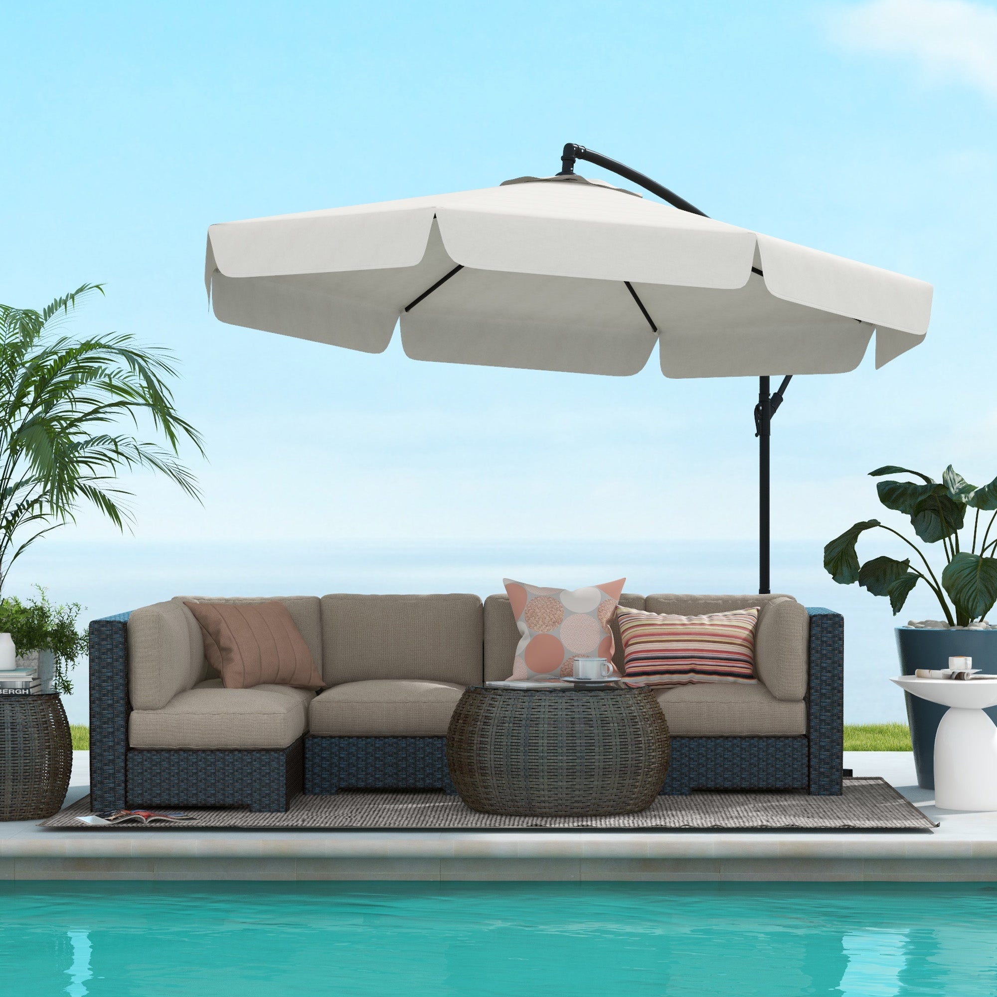 11 FT Cantilever Patio Umbrella Offset Parasol with Cross Base and 8 Ribs for Garden, Cream White