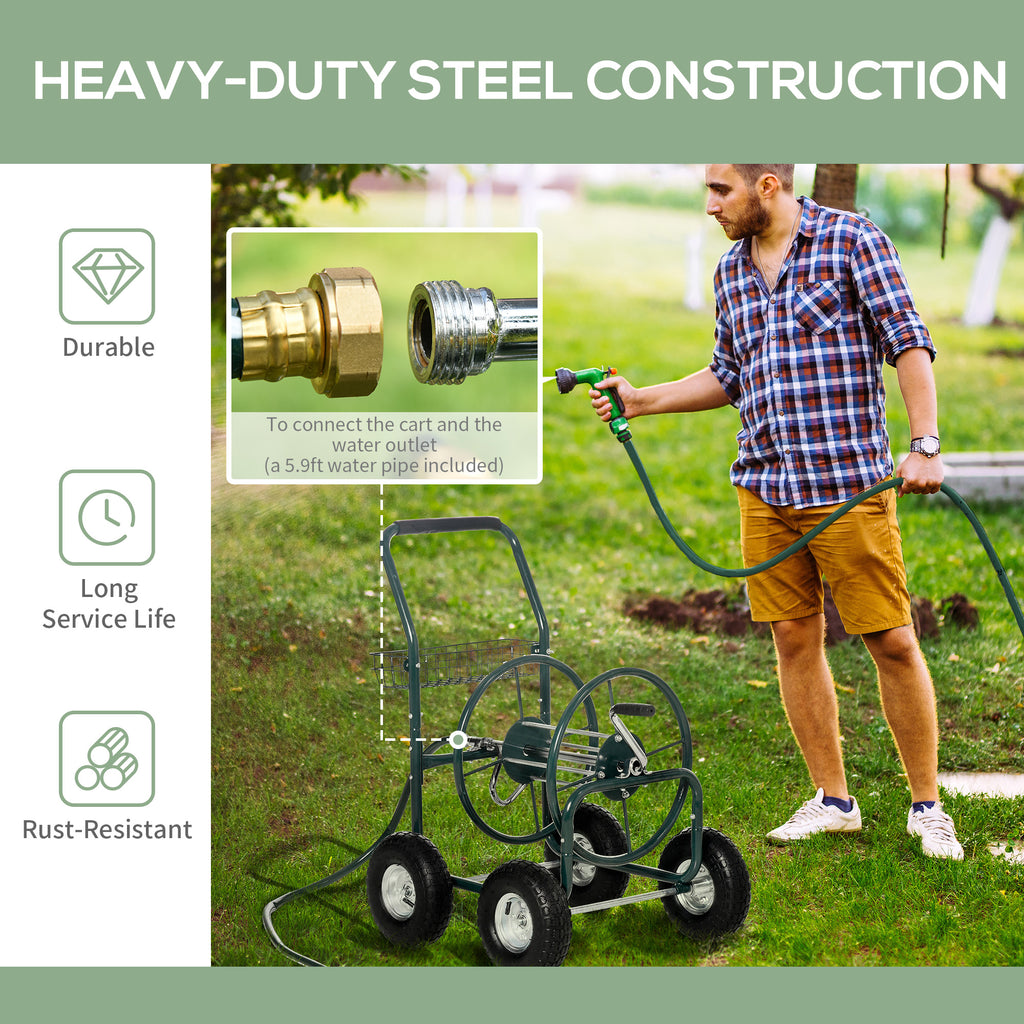 Garden Hose Reel Cart, Portable Hose Organizer with Hose Guide System, 4 Wheels & Storage Basket for Yard, Garden, Farm