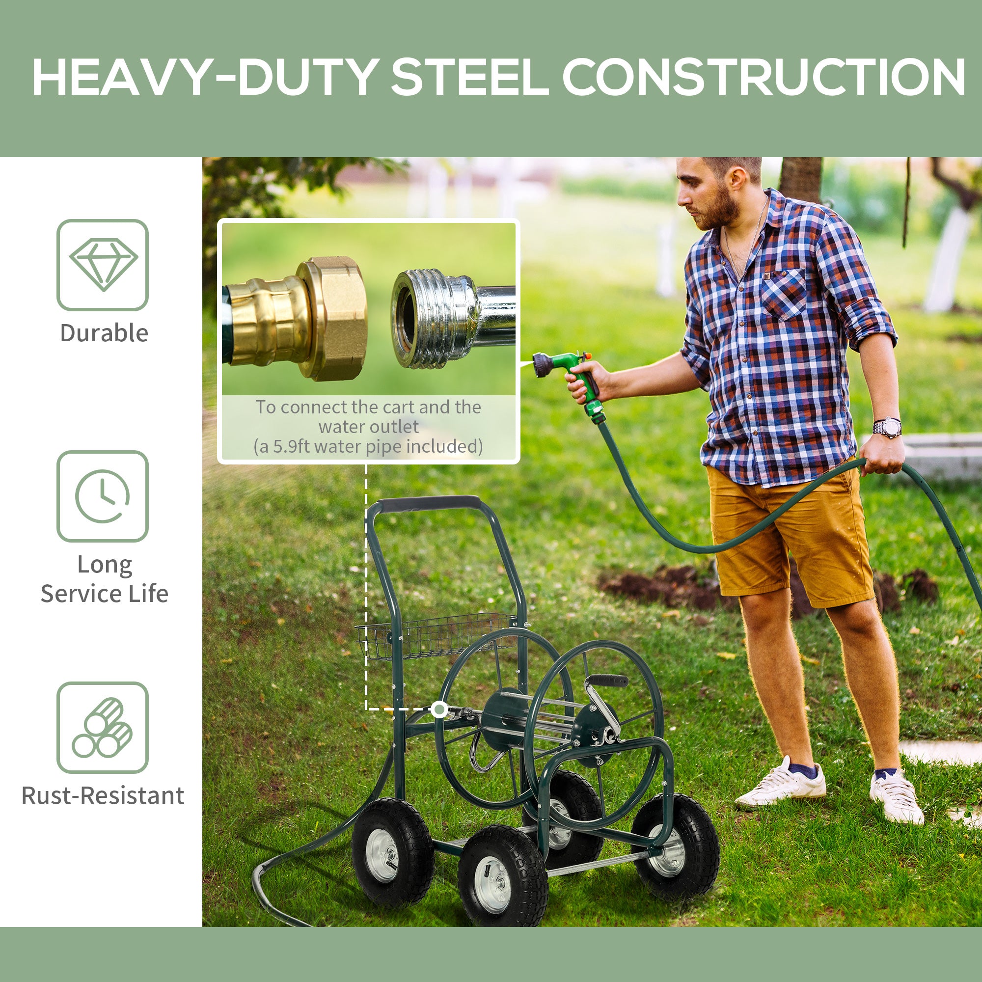 Garden Hose Reel Cart, Portable Hose Organizer with Hose Guide System, 4 Wheels & Storage Basket for Yard, Garden, Farm