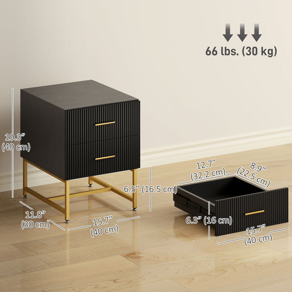 2 Pieces Nightstands with Storage, Modern Bedside Tables with 2 Fluted Drawers and Gold Legs for Bedroom, Black