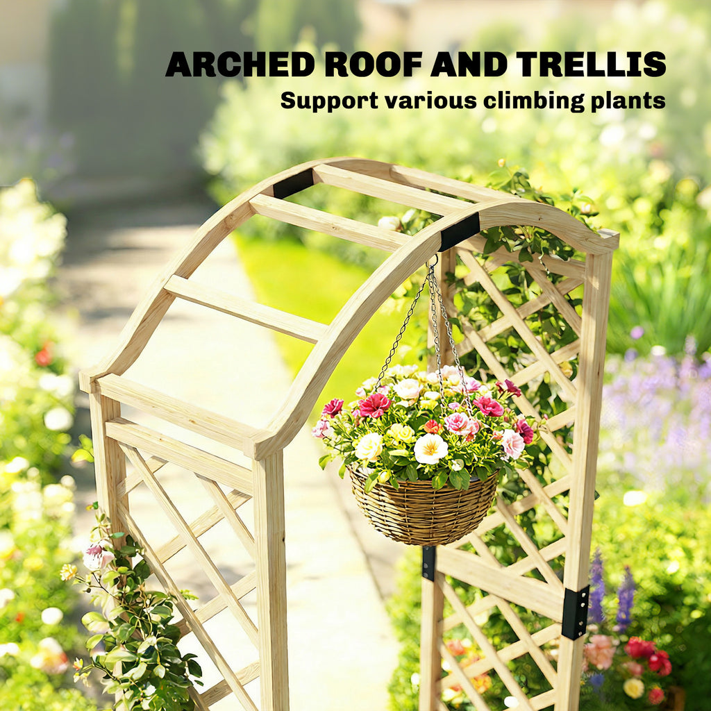 Wooden Garden Arch with 2 Planter Boxes, Arch Trellis for Climbing Plants, Decorative Arbor Archway, Natural Wood