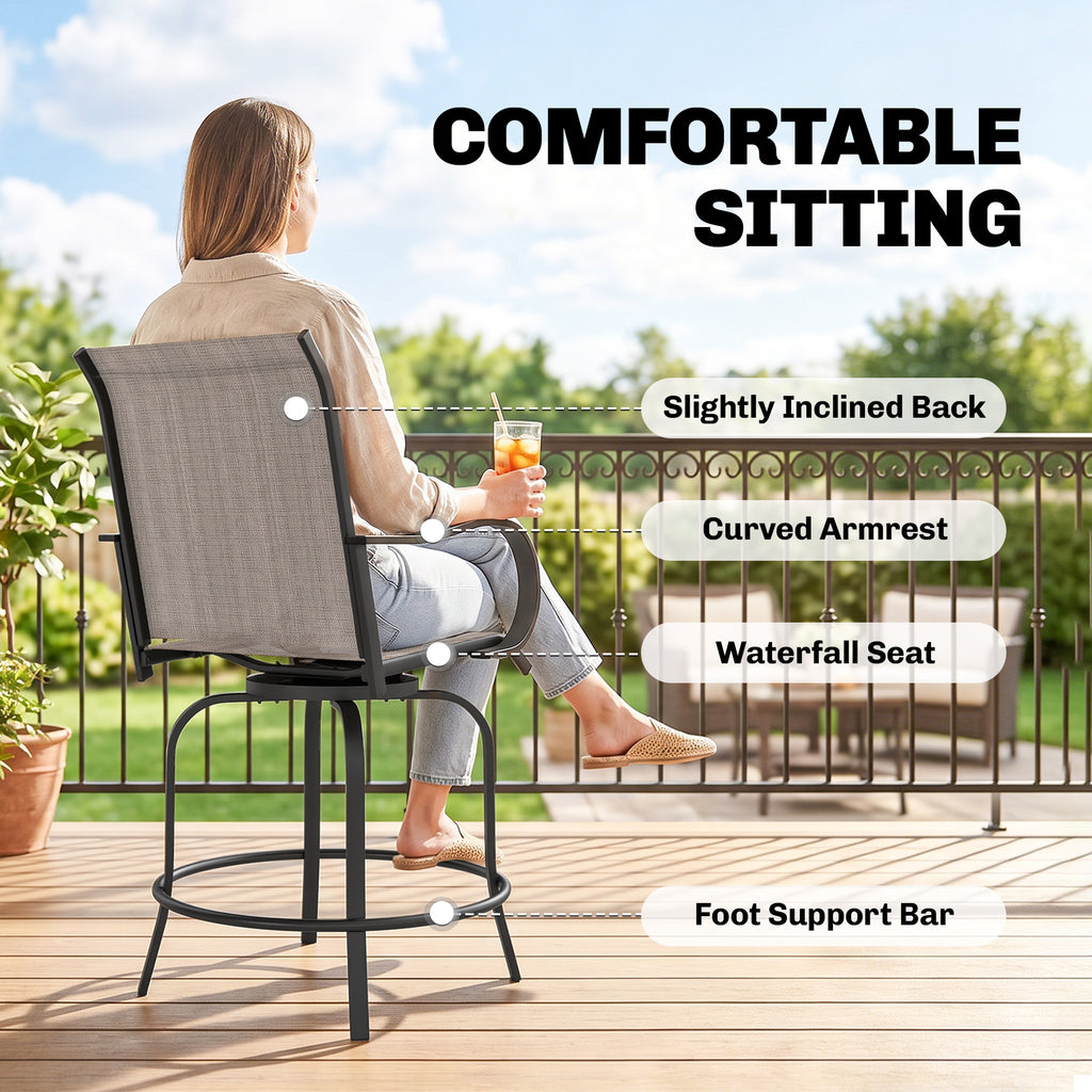 Outdoor Bar Stools Set of 2, 360Â° Swivel Bar Height Chairs, 26.8" x 29.5" x 48.4", Tan