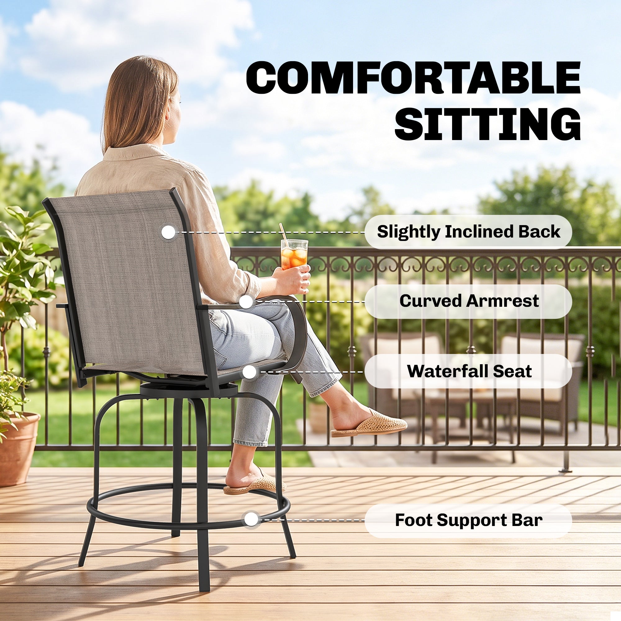 Outdoor Bar Stools Set of 2, 360Â° Swivel Bar Height Chairs, 26.8" x 29.5" x 48.4", Tan