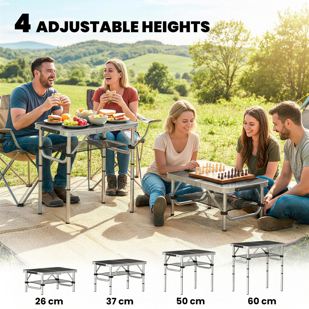 2ft Folding Camping Table, Picnic Table with Mesh Storage Layer, 4 Adjustable Heights and Carrying Handle, Black