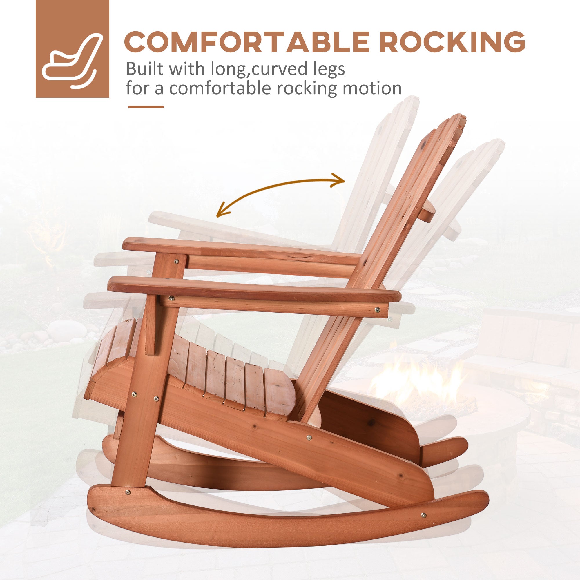 Wooden Adirondack Rocking Muskoka Chair with Slatted Wooden Design, Fanned Back and Classic Rustic Style, Teak