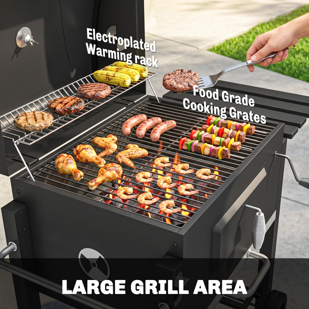 BBQ Trolley Charcoal Grill Portable Stainless Steel Barbecue Tool Kits w/ Wheels Side Shelf for Camping Hiking Picnic
