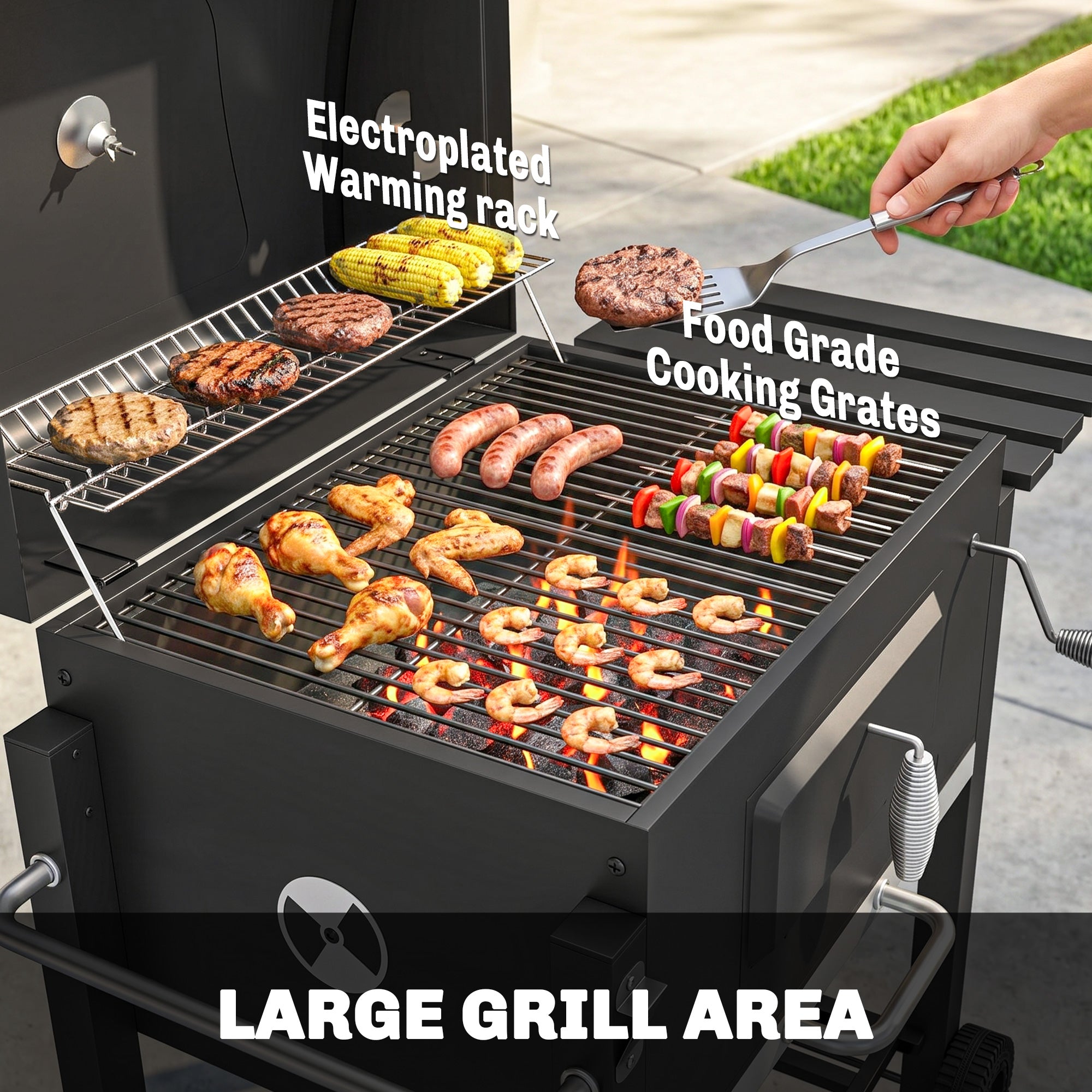 BBQ Trolley Charcoal Grill Portable Stainless Steel Barbecue Tool Kits w/ Wheels Side Shelf for Camping Hiking Picnic