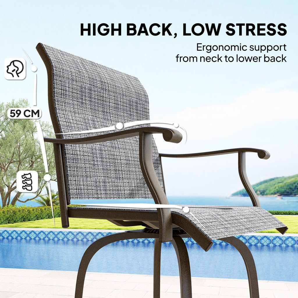 Outdoor Bar Stools Set of 2, Swivel Bar Height Chairs with High Back, Curved Armrests and Steel Frame, Mixed Grey