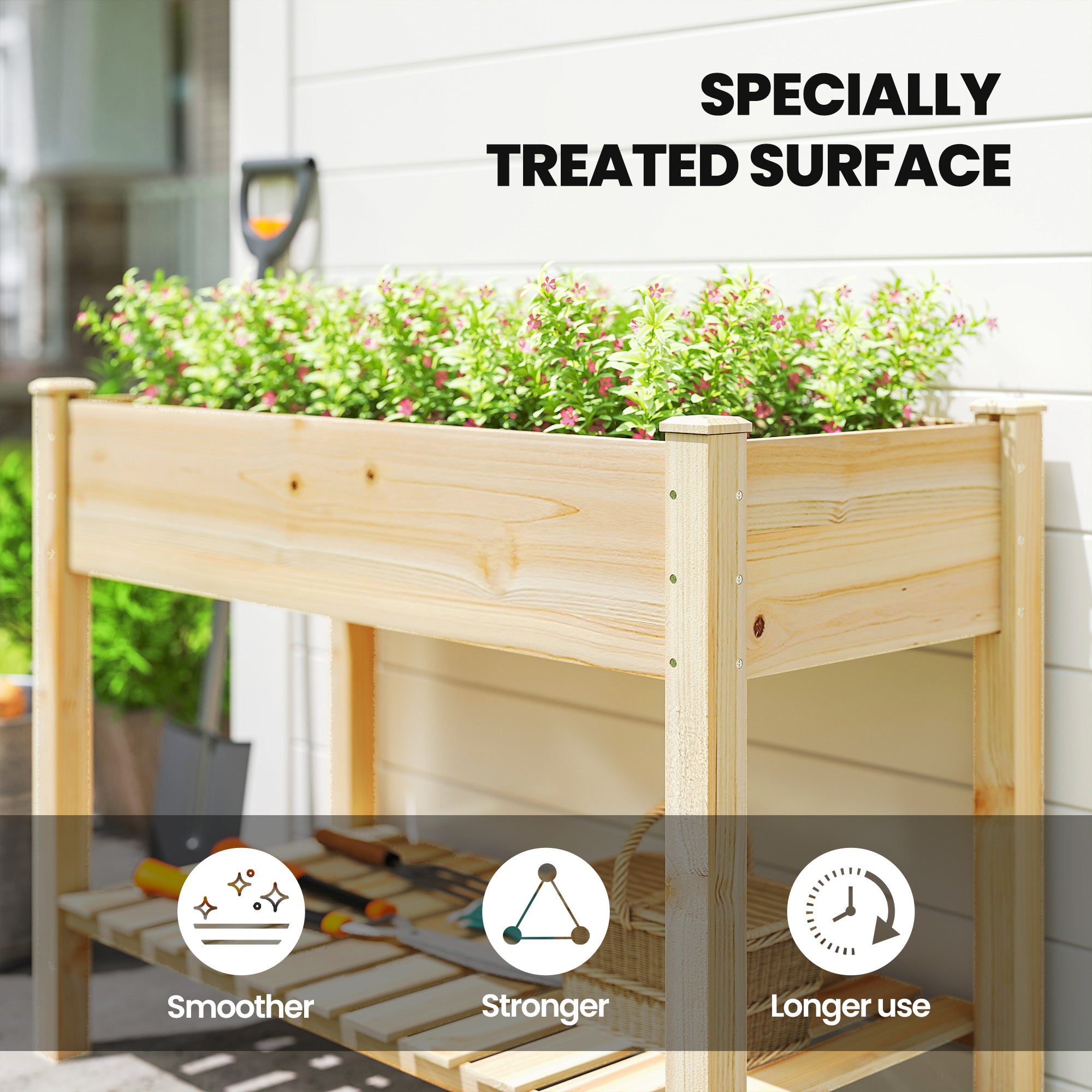 Elevated Planter Box with Legs and Storage Shelf, Raised Garden Bed, Elevated Wooden Planter Box, Natural