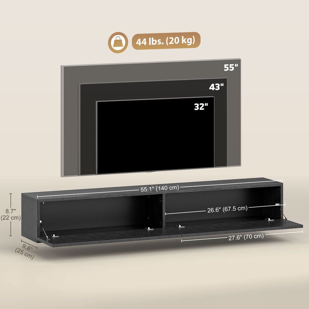 55" Floating TV Stand for TVs up to 72 Inch, Wall Mount Media Console with 2 Fluted Flip-Down Doors, Cable Hole, Black
