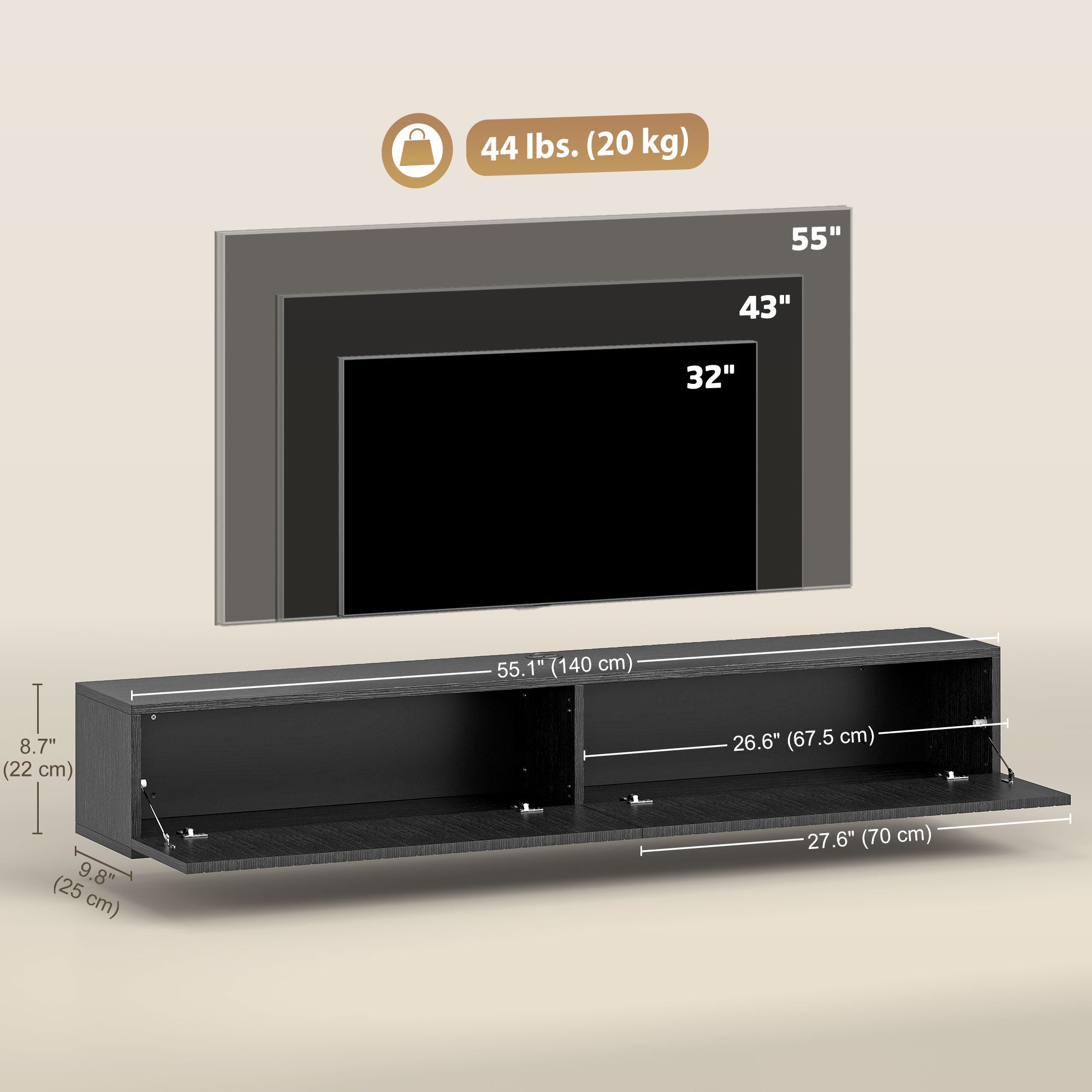 55" Floating TV Stand for TVs up to 72 Inch, Wall Mount Media Console with 2 Fluted Flip-Down Doors, Cable Hole, Black