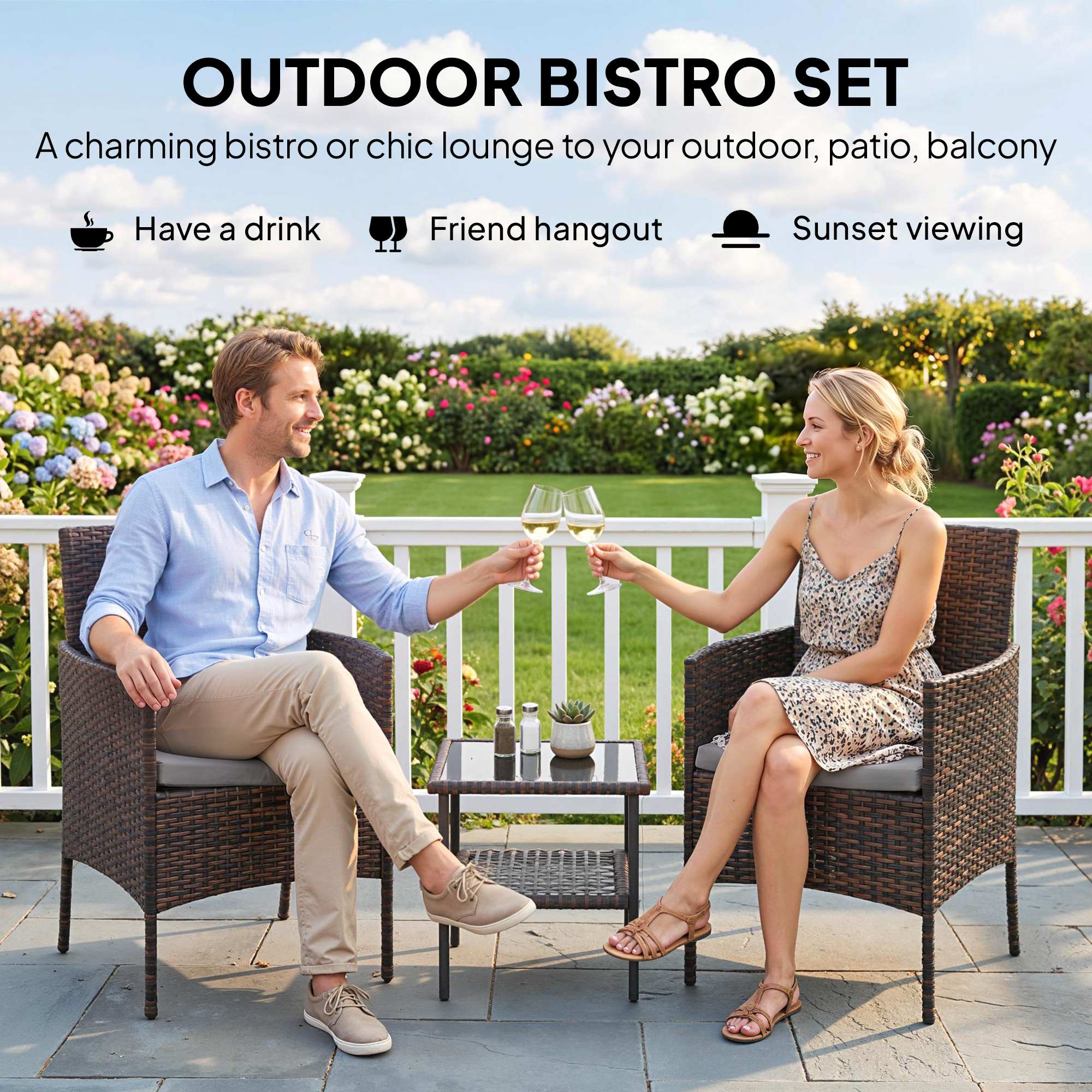 Wicker Bistro Set, 3 Piece Patio Furniture Set with 2-Tier Glass Top Table, Cushions for Balcony, Porch, Dark Grey