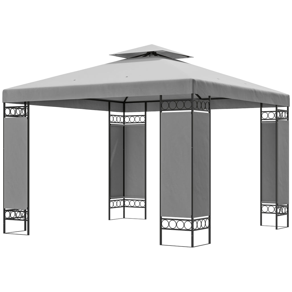 10' x 10' Canopy Gazebo, Double Roof Patio Gazebo with Screen Panels and Metal Frame for Deck, Backyard, Light Grey