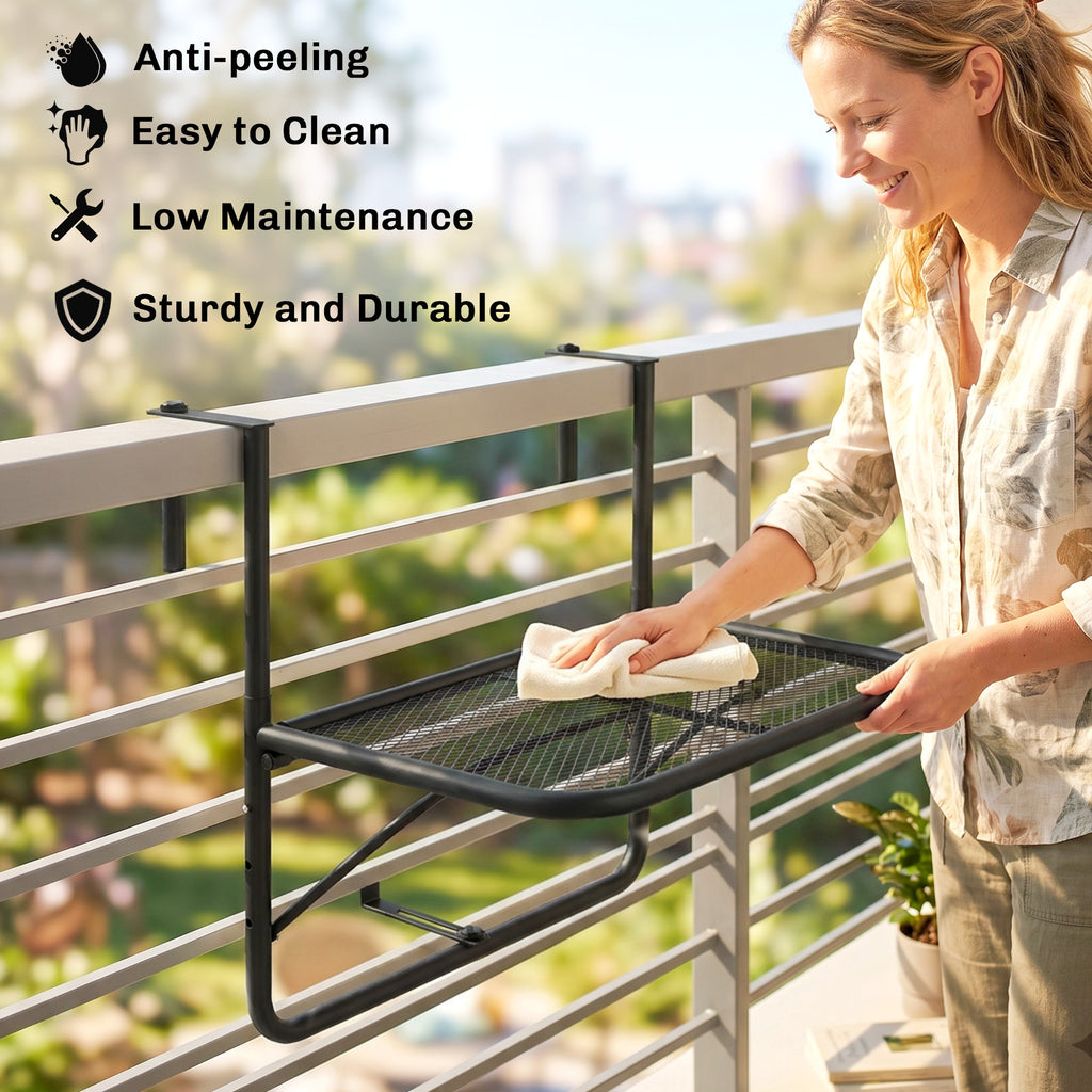 Adjustable Balcony Hanging Railing Table, Metal Mounting Mini Wall Desk Storage Rack, Outdoor Flower Stand Serving Table Rectangle, Black