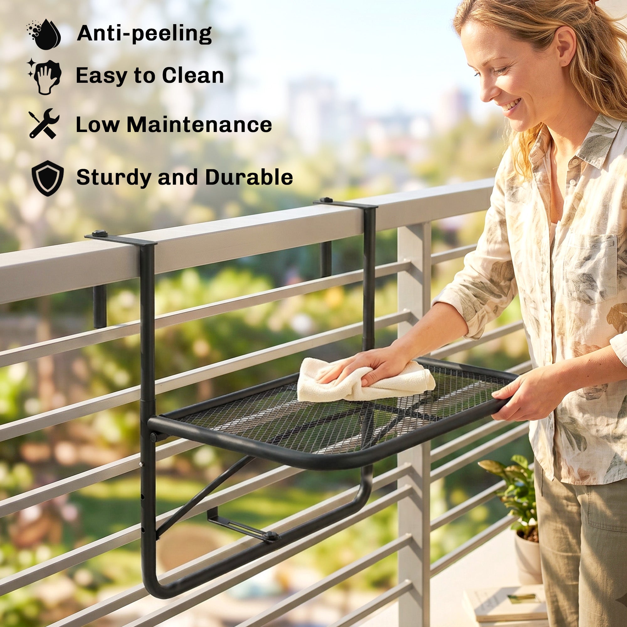 Adjustable Balcony Hanging Railing Table, Metal Mounting Mini Wall Desk Storage Rack, Outdoor Flower Stand Serving Table Rectangle, Black