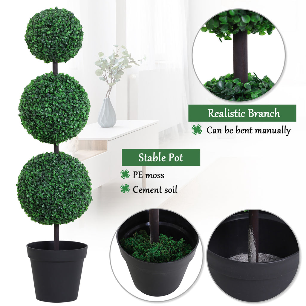 Set of 2 Artificial Ball Boxwood Topiary Trees, 44.1" Fake Plants in Pots for Outdoor Indoor Decor, Dark Green
