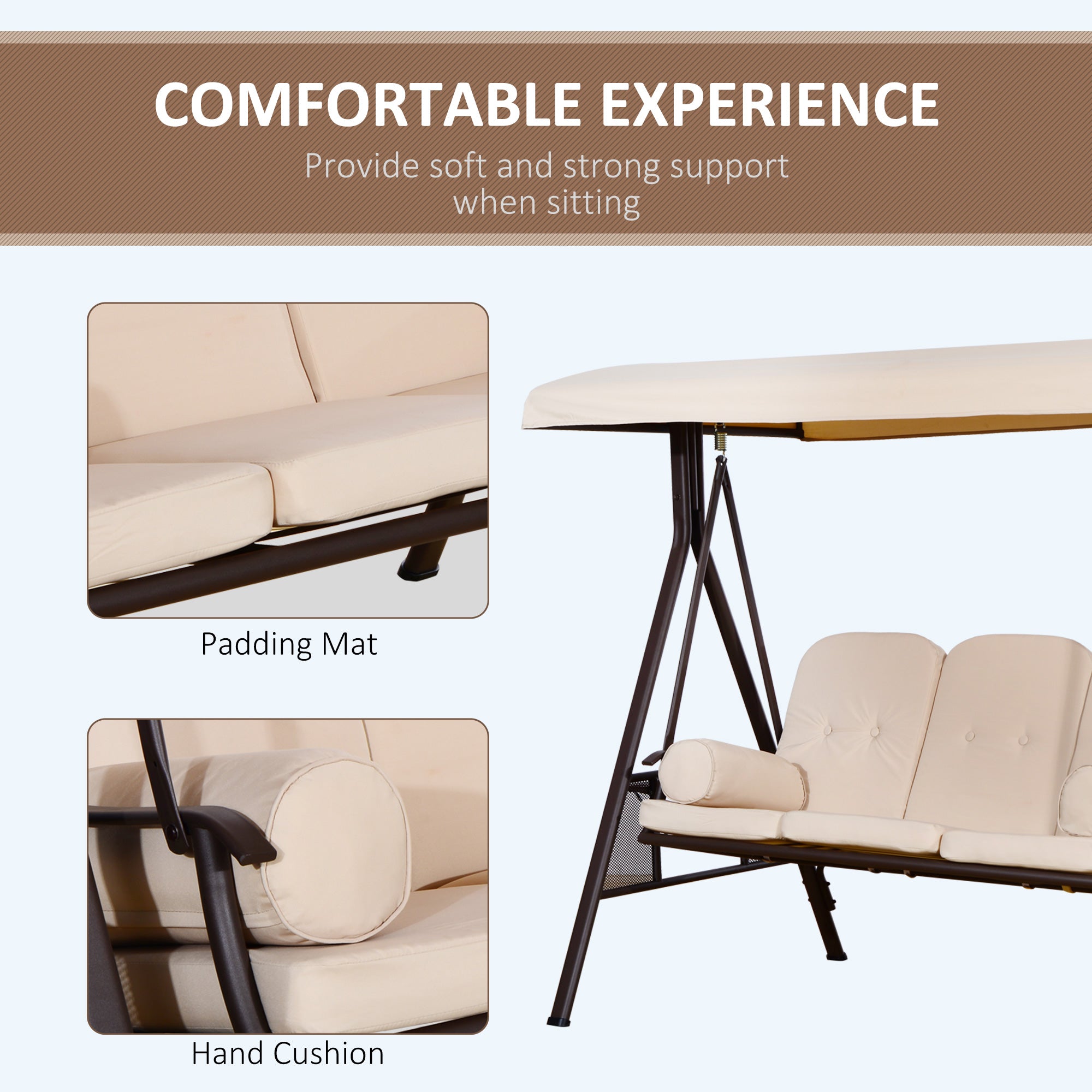 3 Seater Heavy Duty Swing Chair Outdoor Lounge Hammock Cushioned Seat W/ Tilt Canopy, Beige