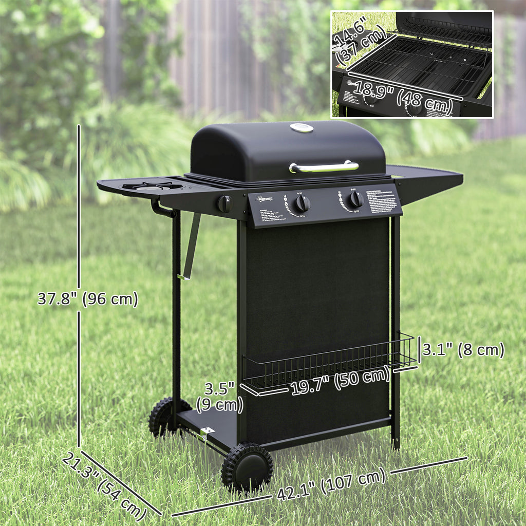 2+1 Burner Propane Gas BBQ Grill, Portable Gas Barbecue Grill with Side Burner, Thermometer, Lid, Side Table, Shelf, Spice Rack, Wheels, Grease Cup for Garden, Black