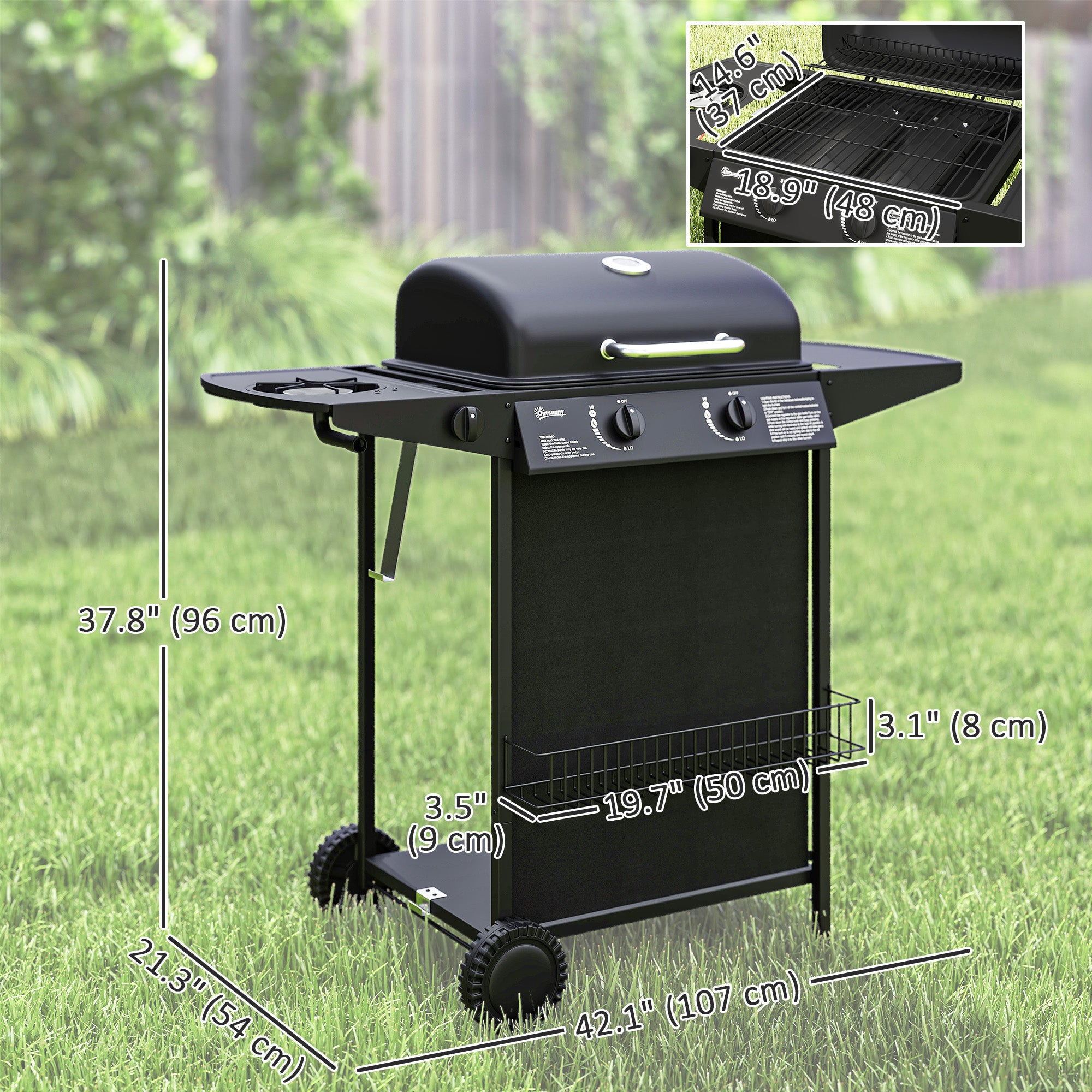 2+1 Burner Propane Gas BBQ Grill, Portable Gas Barbecue Grill with Side Burner, Thermometer, Lid, Side Table, Shelf, Spice Rack, Wheels, Grease Cup for Garden, Black