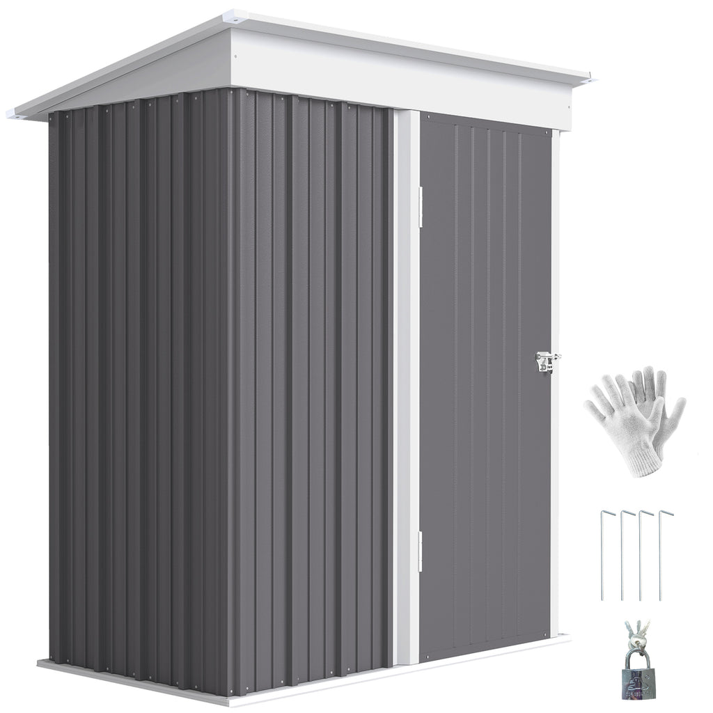 Outdoor Storage Shed, Steel Lean-to Shed with Adjustable Shelf, Lock, Gloves, 5'x3'x6', Grey