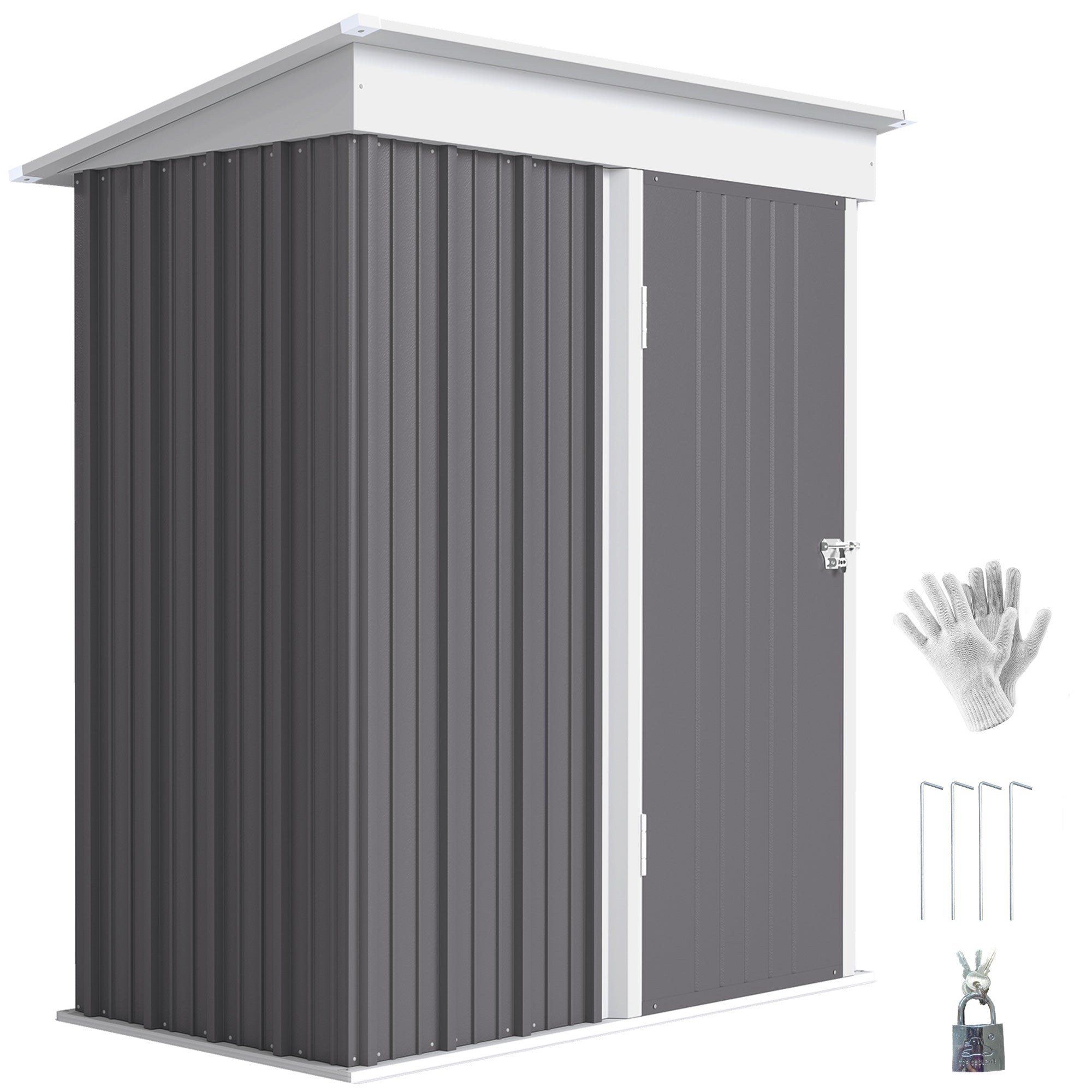Outdoor Storage Shed, Steel Lean-to Shed with Adjustable Shelf, Lock, Gloves, 5'x3'x6', Grey