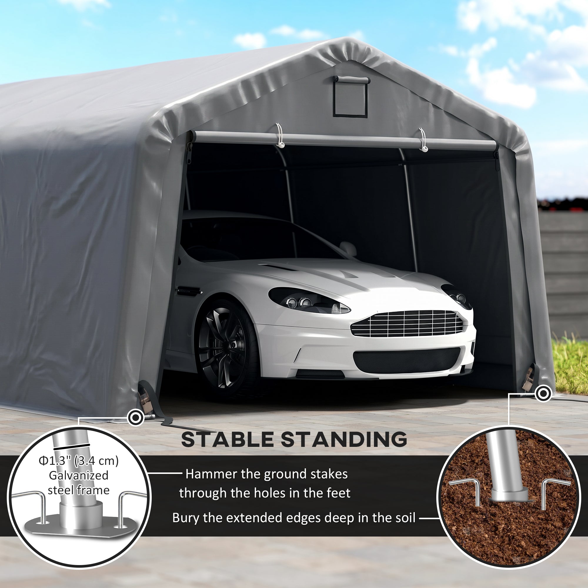 12' x 20' Portable Garage, Heavy Duty Carport Canopy with Ventilation Windows and Large Roll-up Door, Light Grey